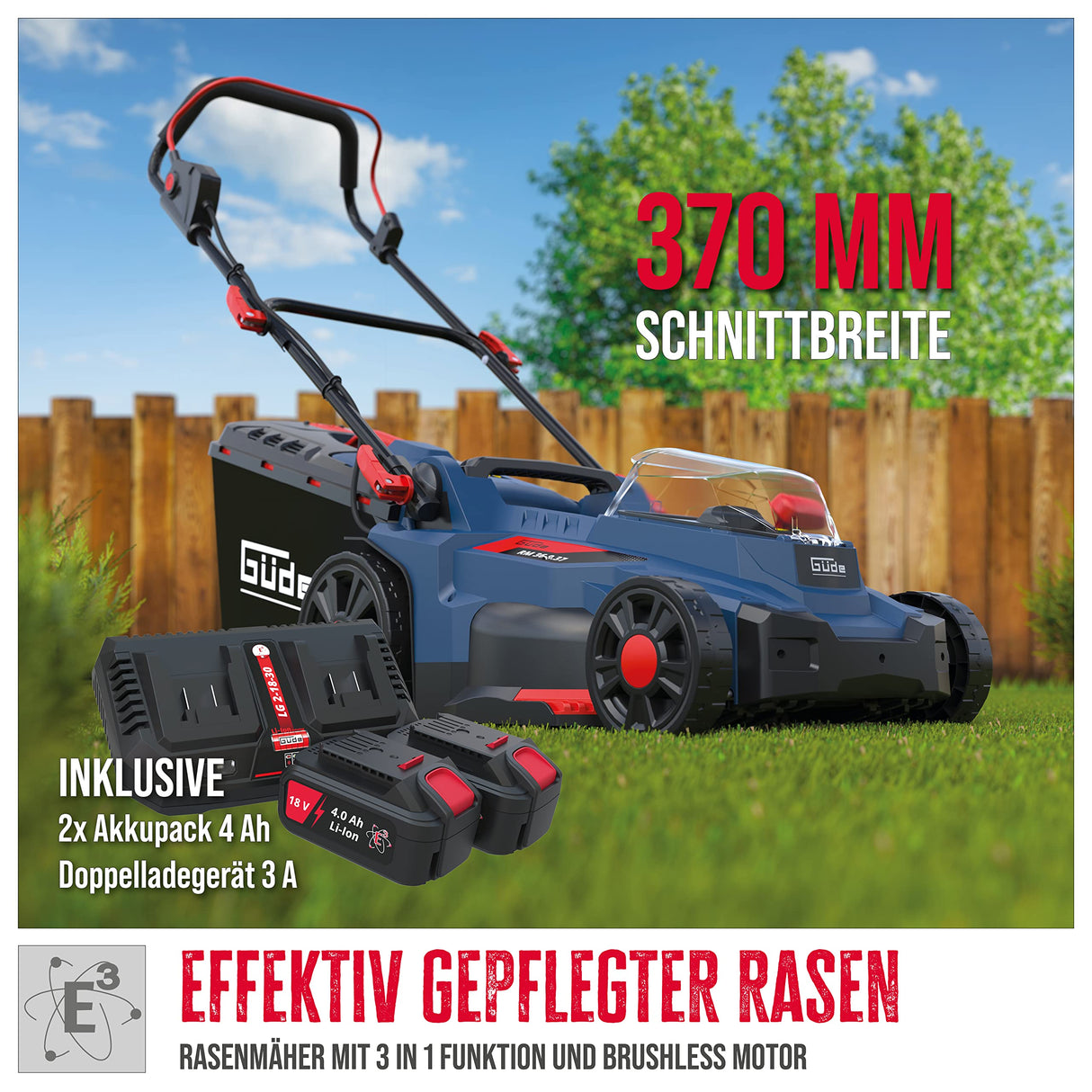 Güde Cortacésped con batería RM 36-402-30.37 (36 V (2 x 18 V) sin escobillas, corte de 370 mm, altura de corte de 6 niveles, saco de recolección de hierba de 35 l, cuña para mantillo, incluye 2