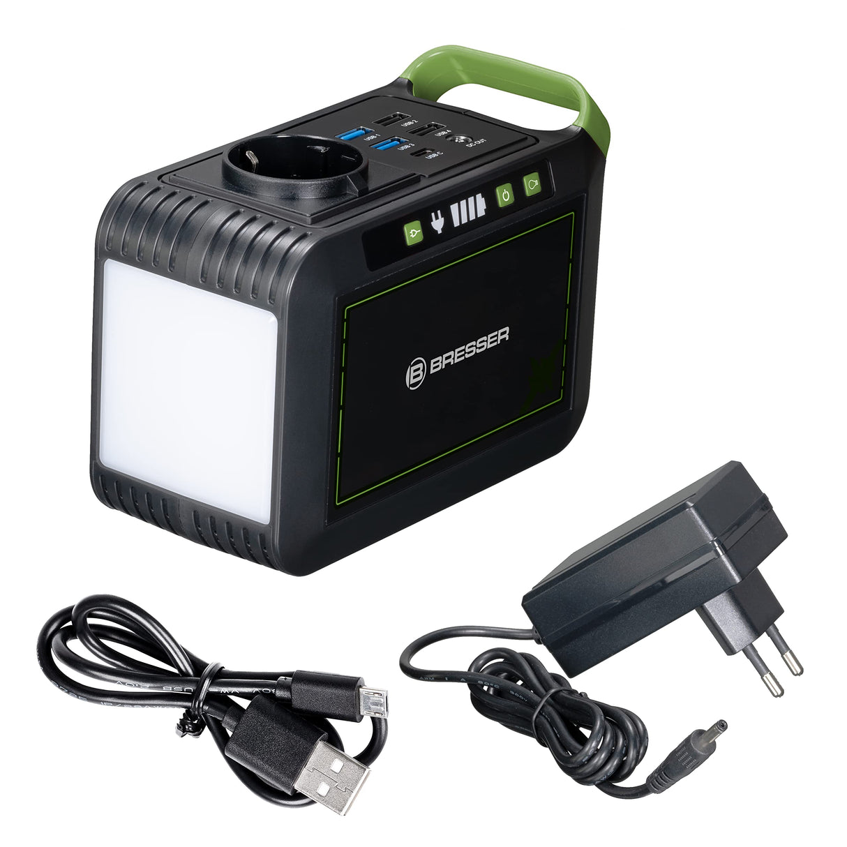 Bresser Mobile Power Station 88,8 Wh, 6 Ah / 14,8 V con batería de iones de litio de alta calidad, puertos USB, CA y CC y gran luz LED