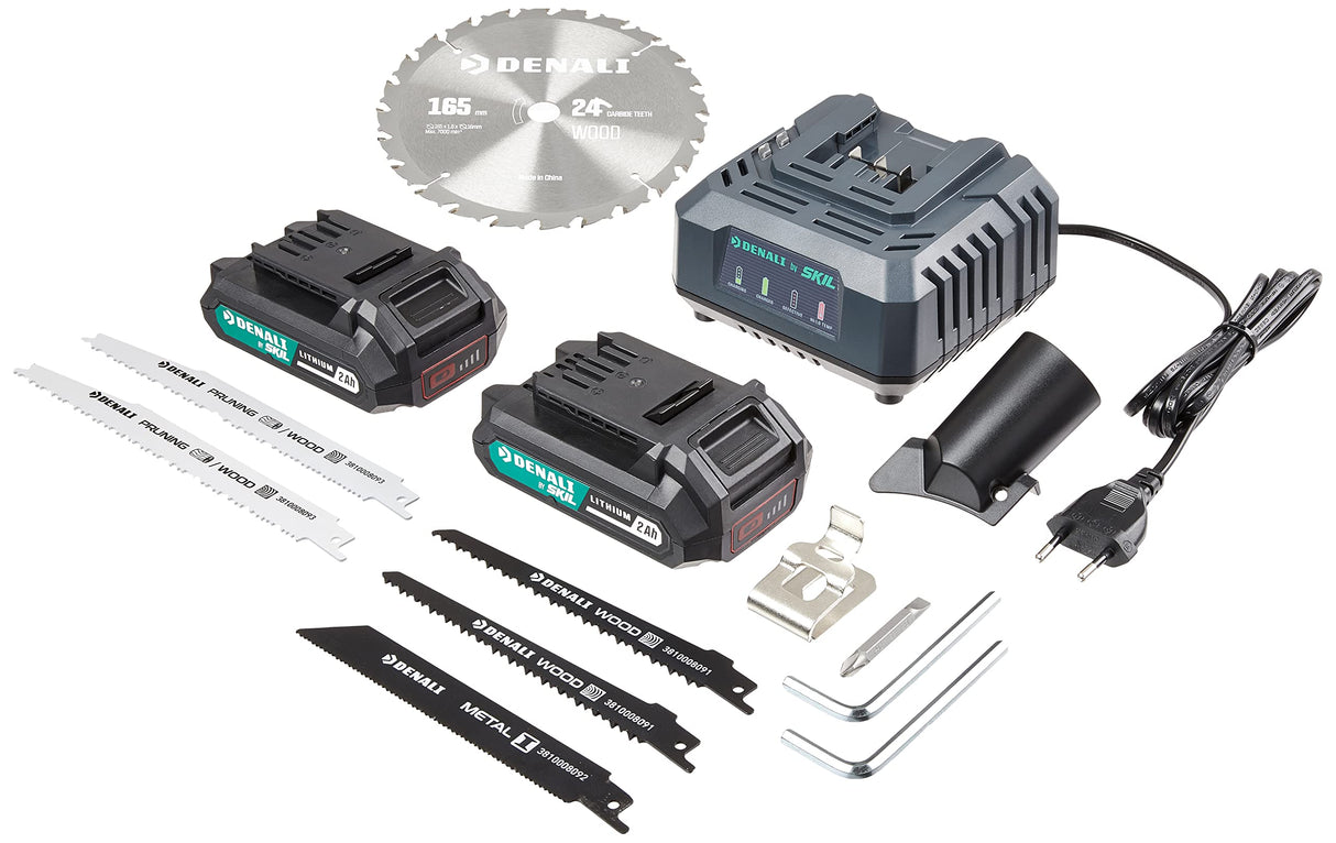 Marca Amazon - Denali by SKIL Juego de taladro de 18 V (20 V máx.), sierra de sable, sierra circular y luz reflectante, 2 baterías de litio de 2 Ah y cargador, Azul