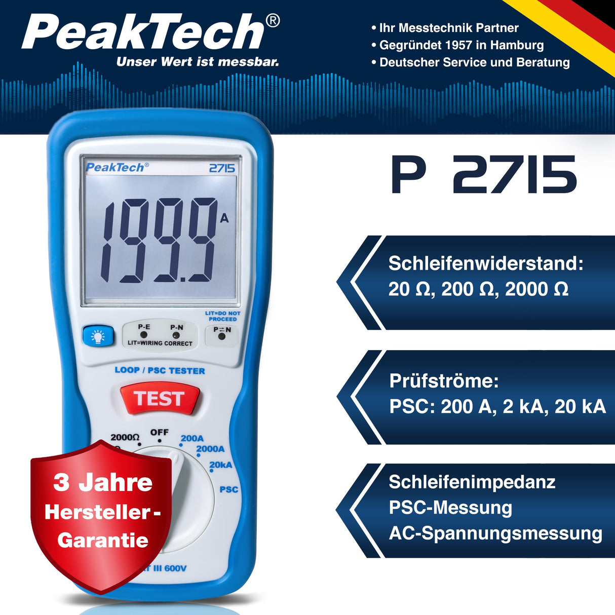 PeakTech 2715 – Probador digital de lazo PSC con pantalla LCD, probador para mediciones de impedancia, amperímetro de cortocircuito, fusible de circuito, carcasa aislada - CAT III 600 V
