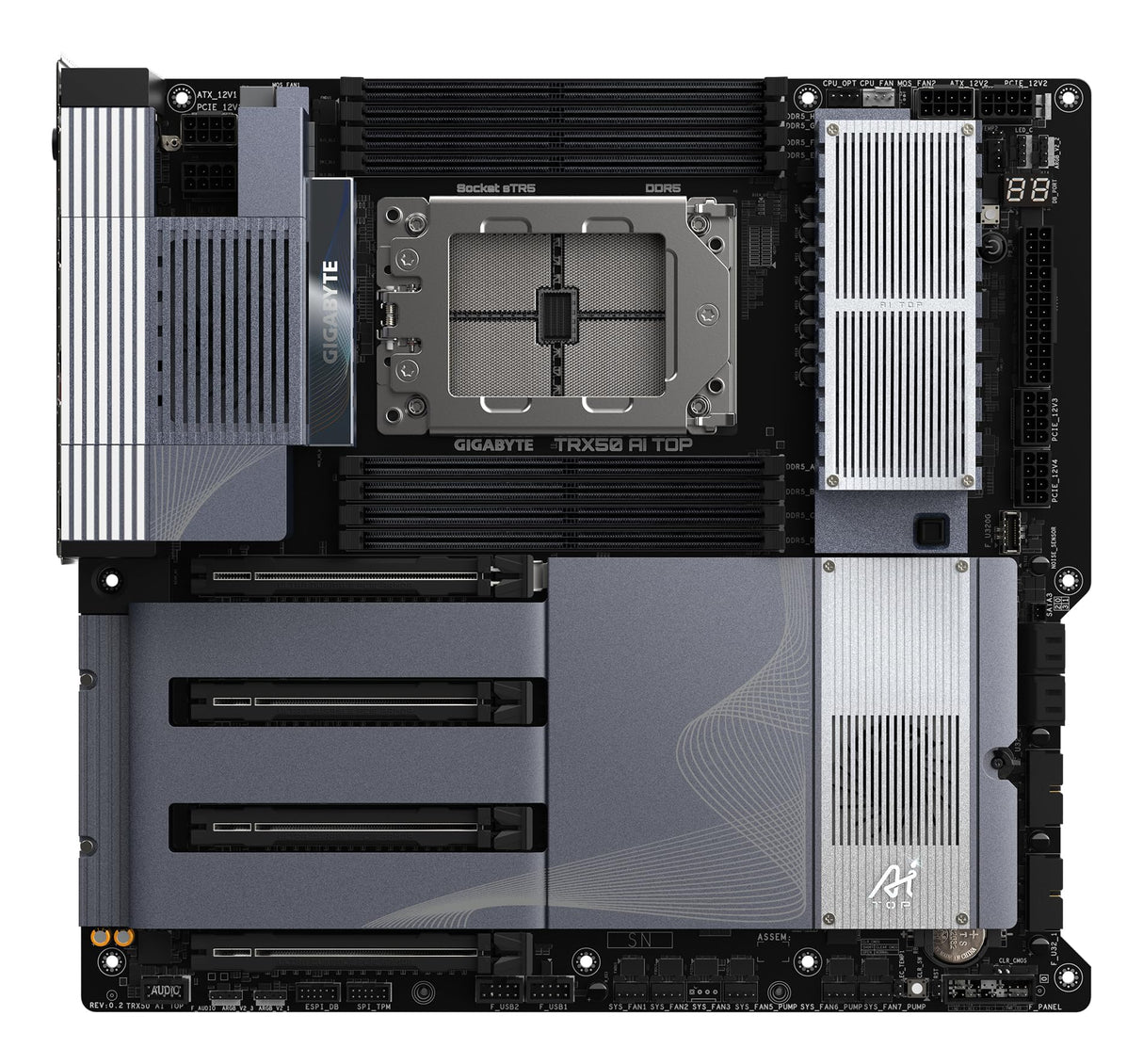 GIGABYTE TRX50 AI TOP-2B Placa Base – Procesadores AMD Ryzen Threadripper Pro 7000, VRM Digital de 16+8+4 Fases, hasta 5200 MHz DDR5, 4 x M.2 PCIe 5.0, Wi-Fi 7, LAN 10 GbE, USB 4