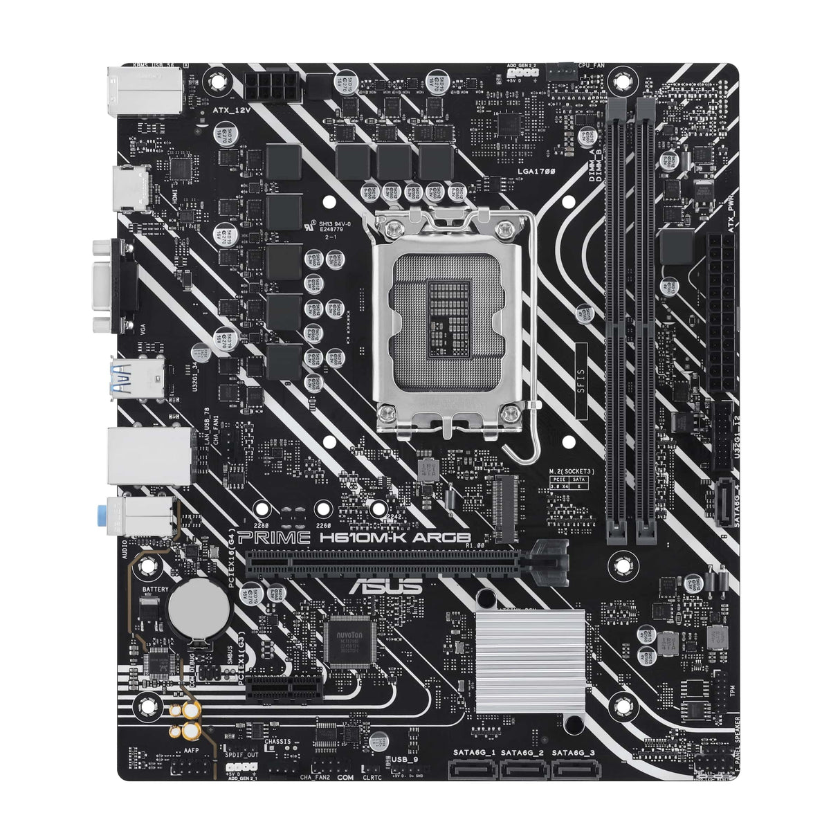 ASUS Prime H610M-K ARGB - Placa Base Micro-ATX Intel H610 LGA 1700 (DDR5, PCIe 4.0, M.2, Realtek 1 GB Ethernet, HDMITM/VGA, USB 3.2 Gen 1, SATA 6 Gbps, cabeceras direccionables Gen 2, Aura Sync)