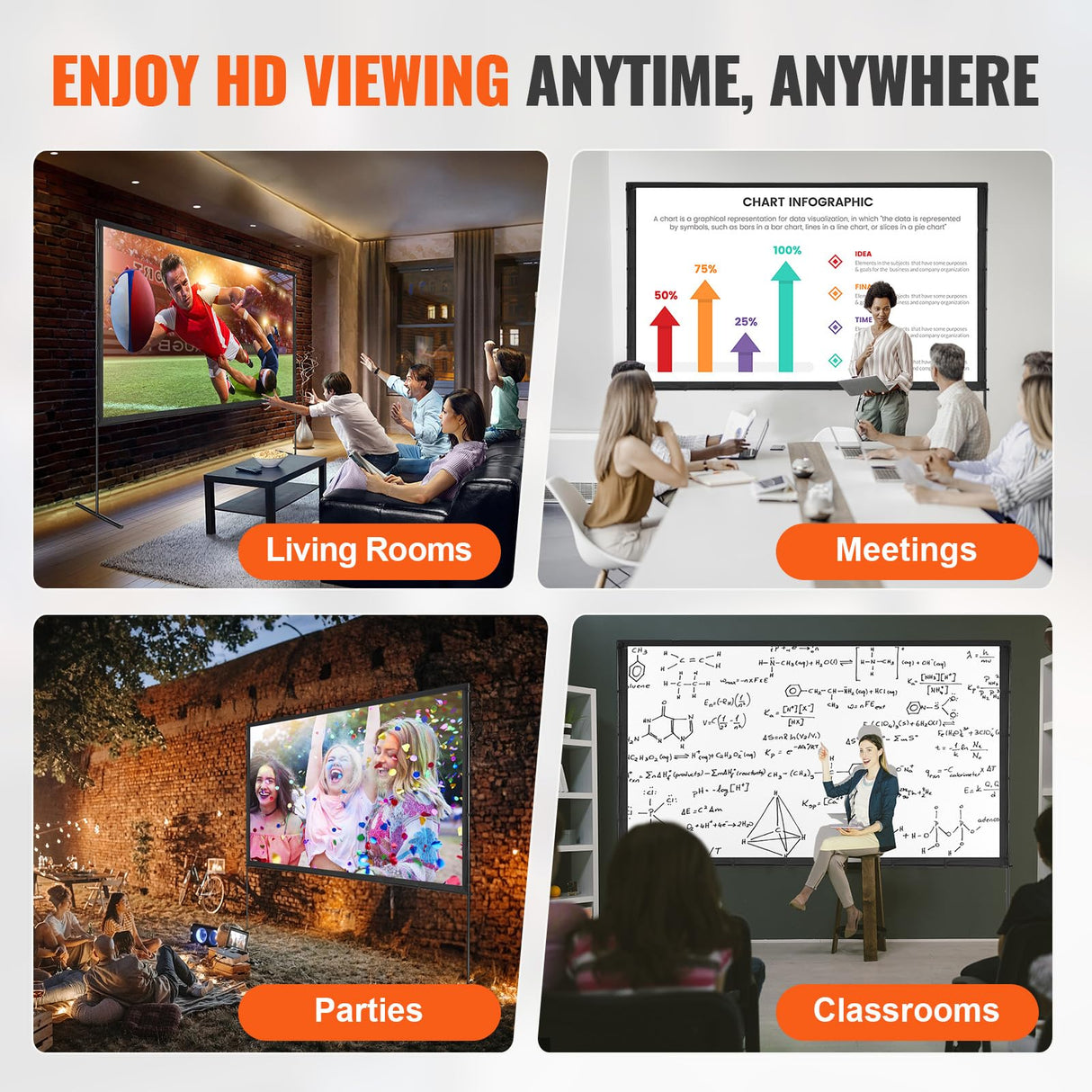 VEVOR Pantalla de Proyector de Pie 120" 16:9 HD Pantalla de Proyección Portátil de Doble Cara Antiarrugas Amplio Ángulo de Visión con Bolsa de Almacenamiento para Proyector de Vídeo de Cine en Casa