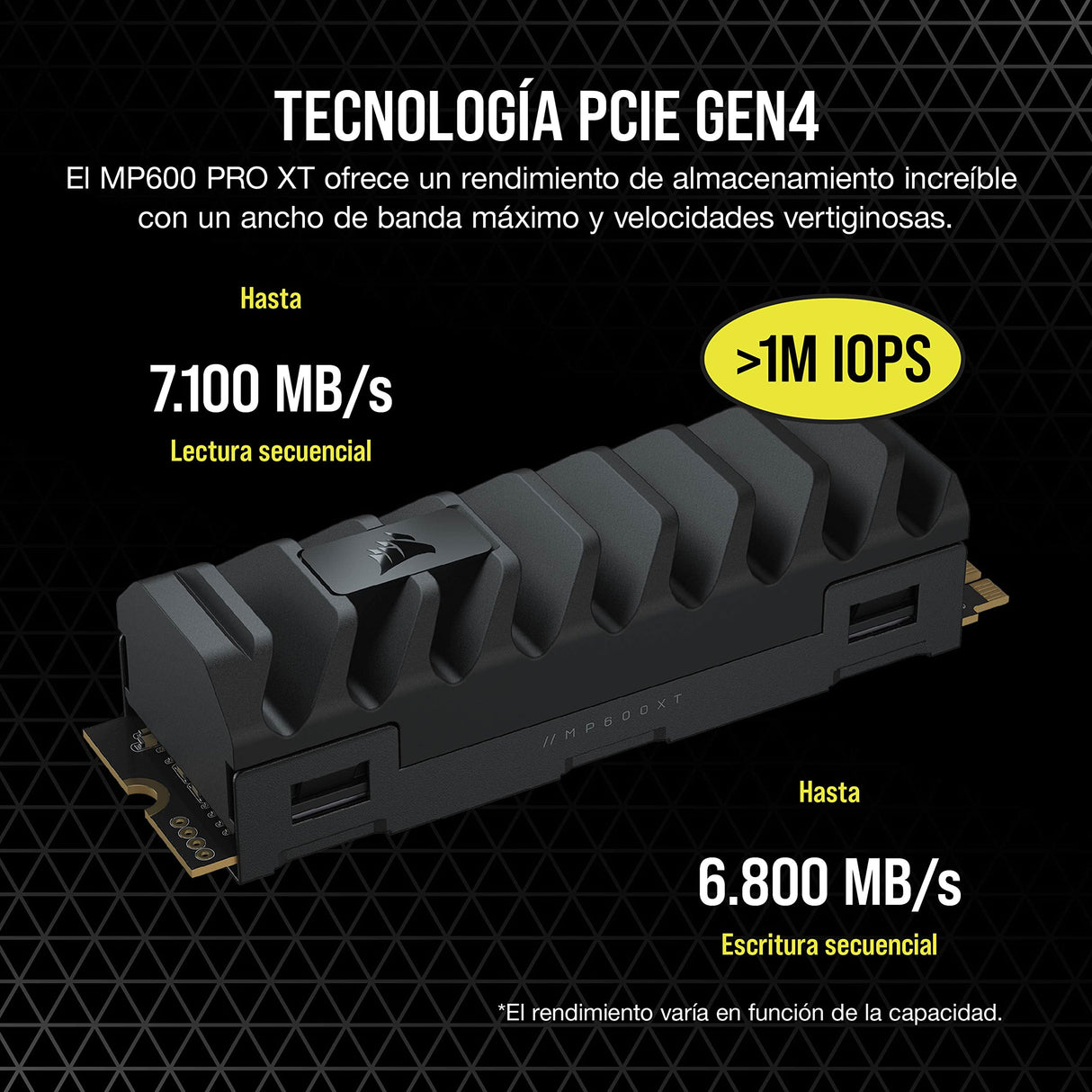 Corsair MP600 Pro XT 8TB Gen4 PCIe x4 NVMe M.2 SSD - Velocidades de Lectura y Escritura secuencial de hasta 7.000 MB/s y 6.100 MB/s, TLC NAND de Alta Densidad – Disipador Térmico de Aluminio - Negro