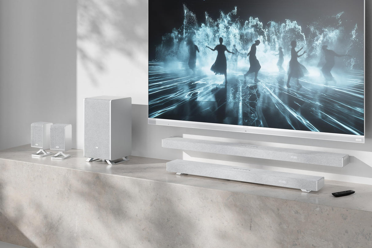 Sharp HT-SPR52021SL Pareja de Altavoces Traseros inalámbricos 1.0.1 para conectar a tu Barra de Sonido Q para Experiencia Mejorada, Sonido Envolvente, Dolby Atmos y DTS:X, P. Maxima 200W, Gris