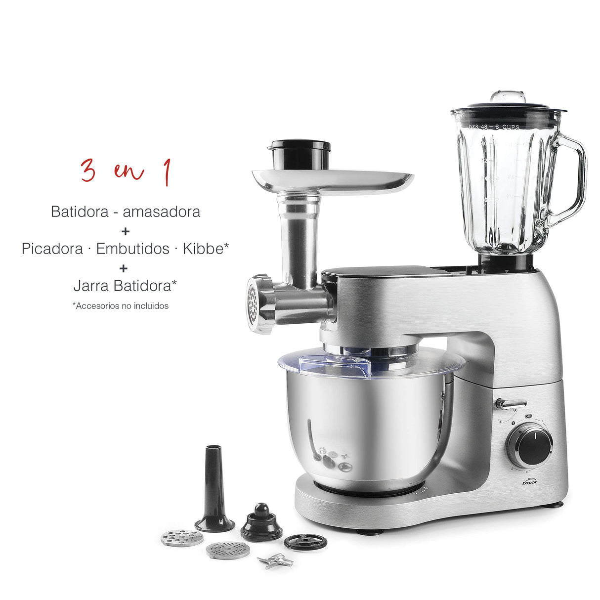 Lacor - 69683 - Batidora Eléctrica Complet, Amasadora de Pan, Robot de Cocina Amasador, Ruleta con 6 Velocidades, Acero Inoxidable, 1500W, 6 L
