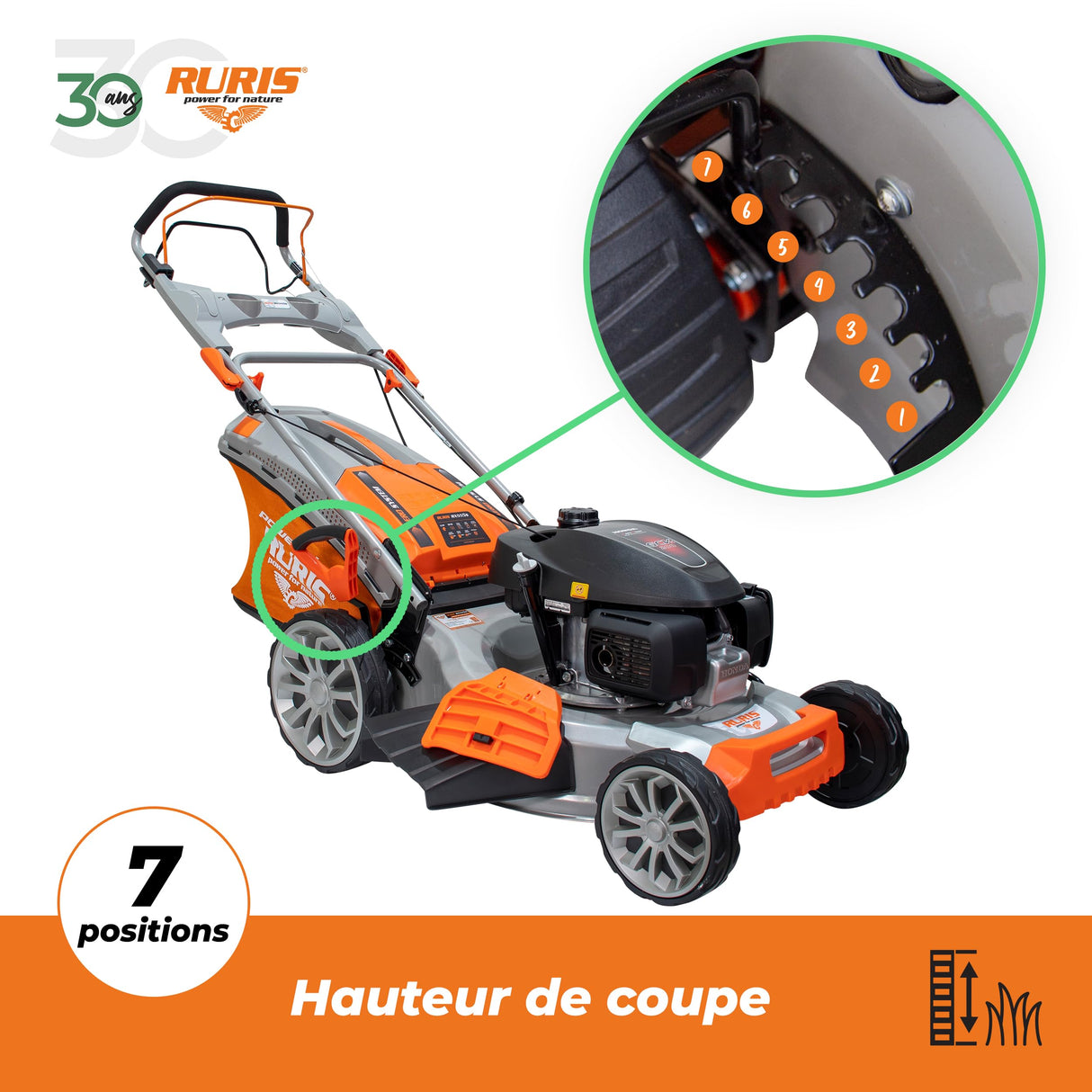 RURIS POWER FOR NATURE - Cortacésped térmico RX555s Motor Honda 5,2 CV, 202 CC, 530 mm, Bolsa 65 l, propulsa automática, 5 en 1: Recogida, eyección Trasera y Lateral, Mulching, Limpieza