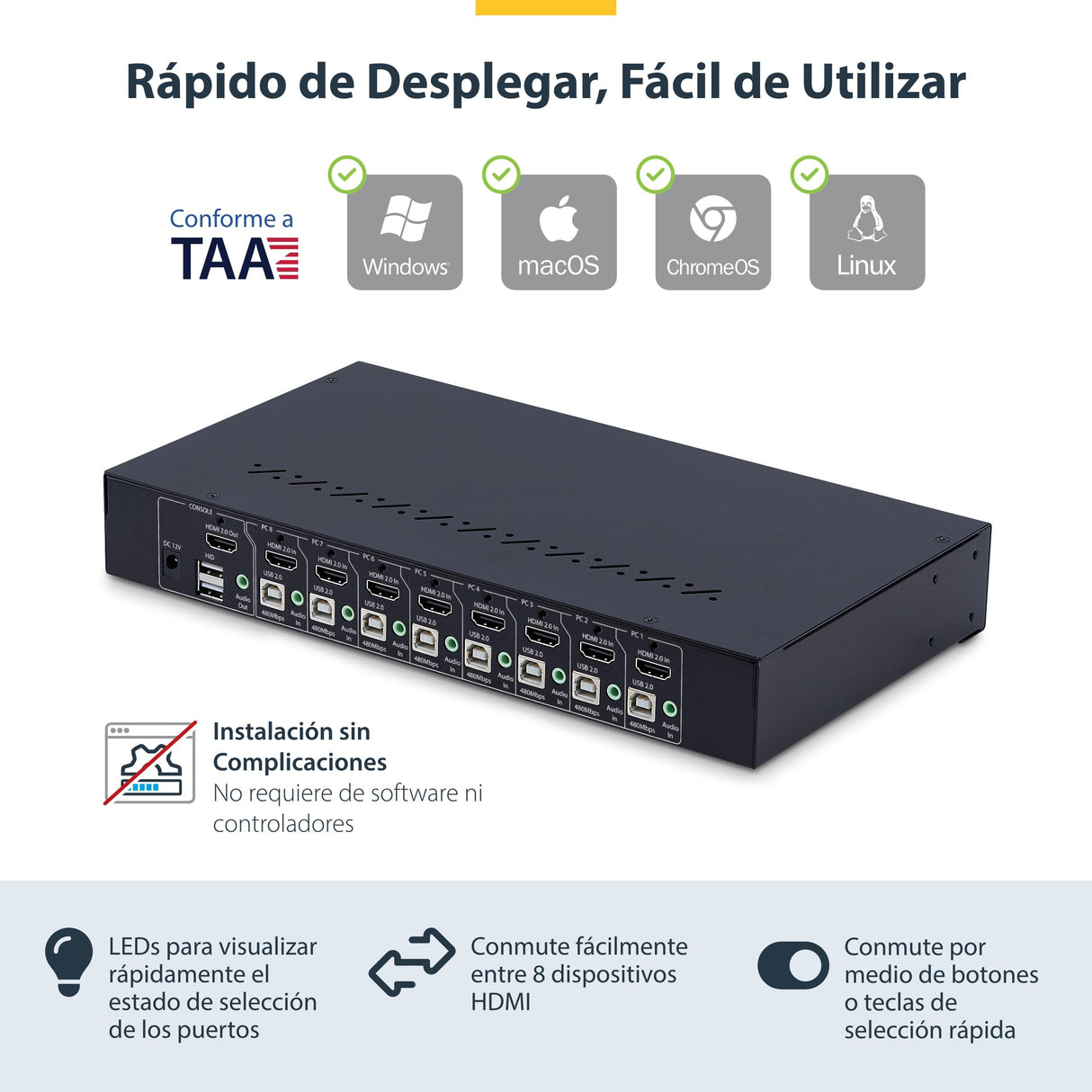 StarTech.com Switch KVM de 8 Puertos HDMI 4K 60Hz - Conmutador KVM HDMI 2.0 con Kit 1U para Rack - TAA