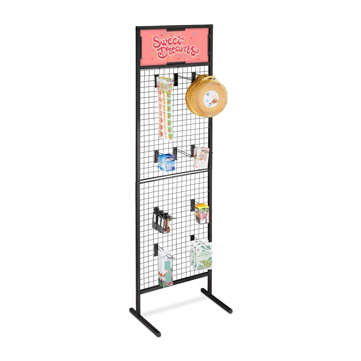 relaxdays 10029569 Mostrador de Tienda, Panel Expositor de Rejilla, 10 Ganchos, Acero, 21x65,5x44,5 cm, 1 Ud, Negro