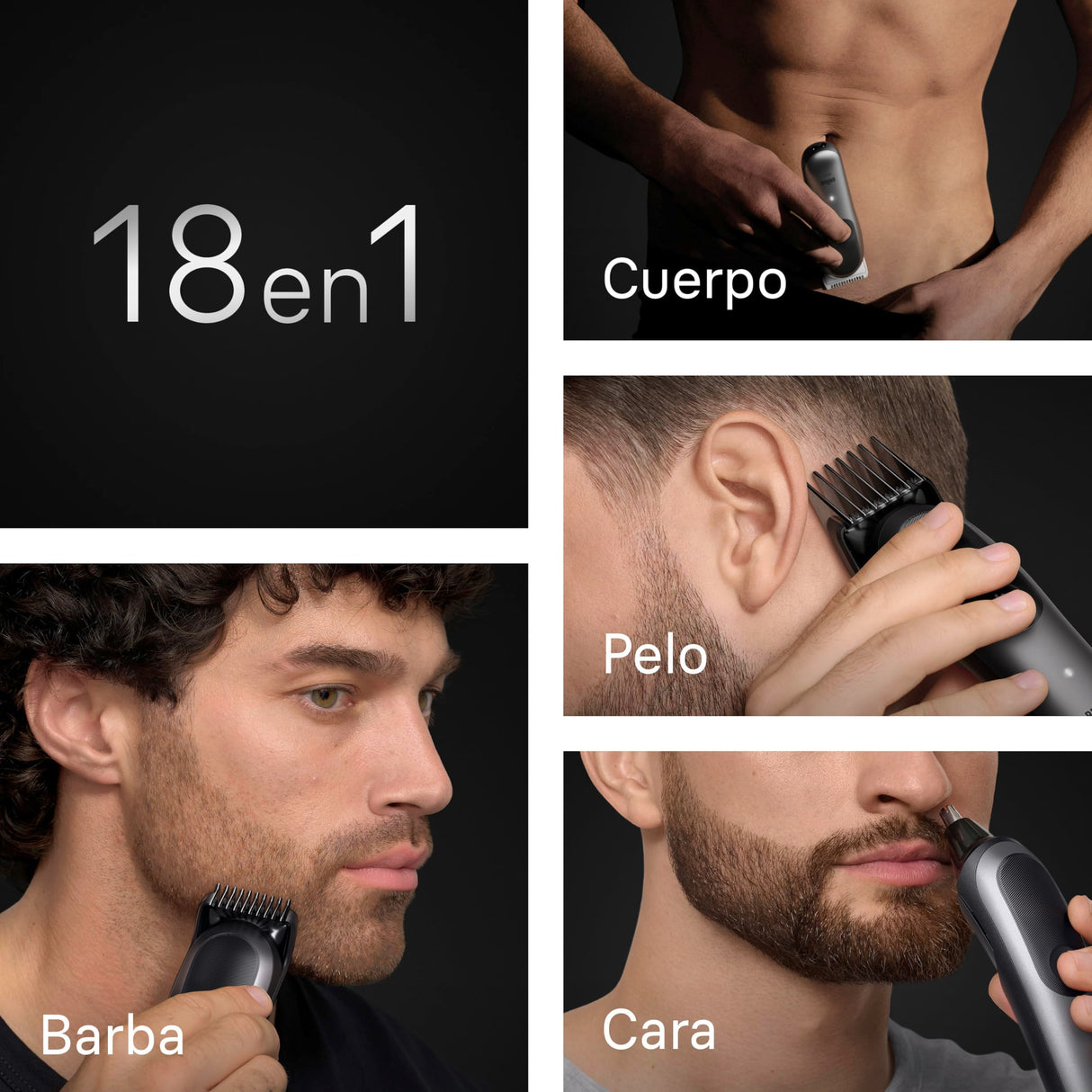 Braun Recortadora Todo En Uno Series 7 AIO7585, Kit De Styling 18en1 Para Barba, Pelo, Orejas, Nariz y Cuerpo, 120 Min De Autonomía, Cortapelos Hombre Con Lámina Ultra Afilada, Gris