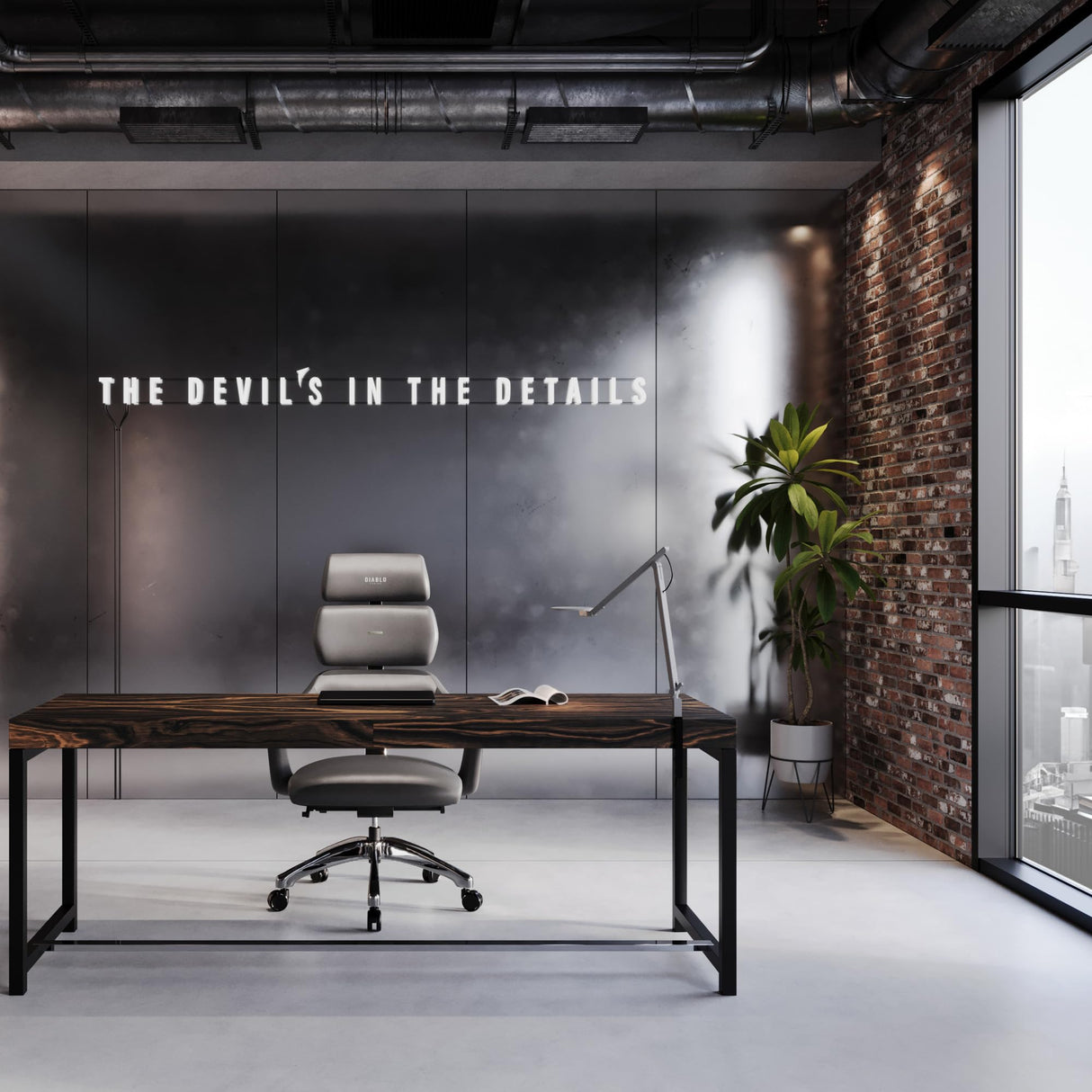 Diablo Silla Oficina V-Modular | Respaldo, Ajuste de Asiento y Respaldo, Reposacabezas Desmontable - Silla Despacho para la Oficin | Elegante Cuero, Robusta Estructura de Aluminio | Gris