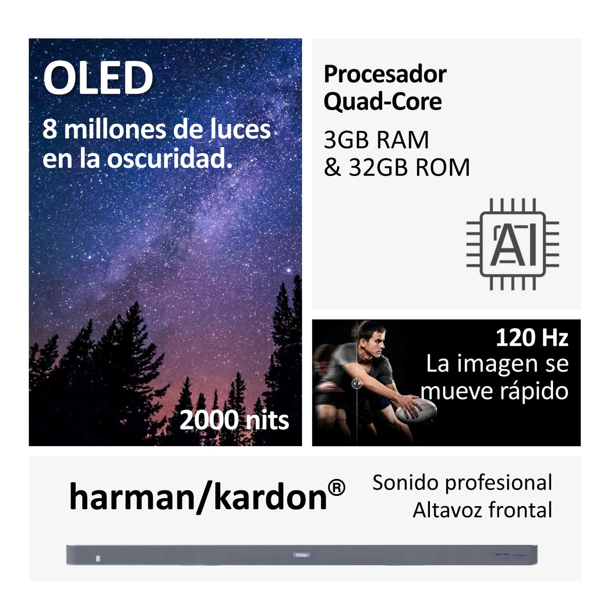 Haier OLED Harman Kardon 4K UHD H55C900UX - 55", Smart TV, Google TV, Dolby Atmos y Dolby Vision, HDR 10, Smart Remote Control, Google Assistant, Bluetooth 5.1, DBX TV, HDMI 2.1 x 4, Sin Marcos, 2024