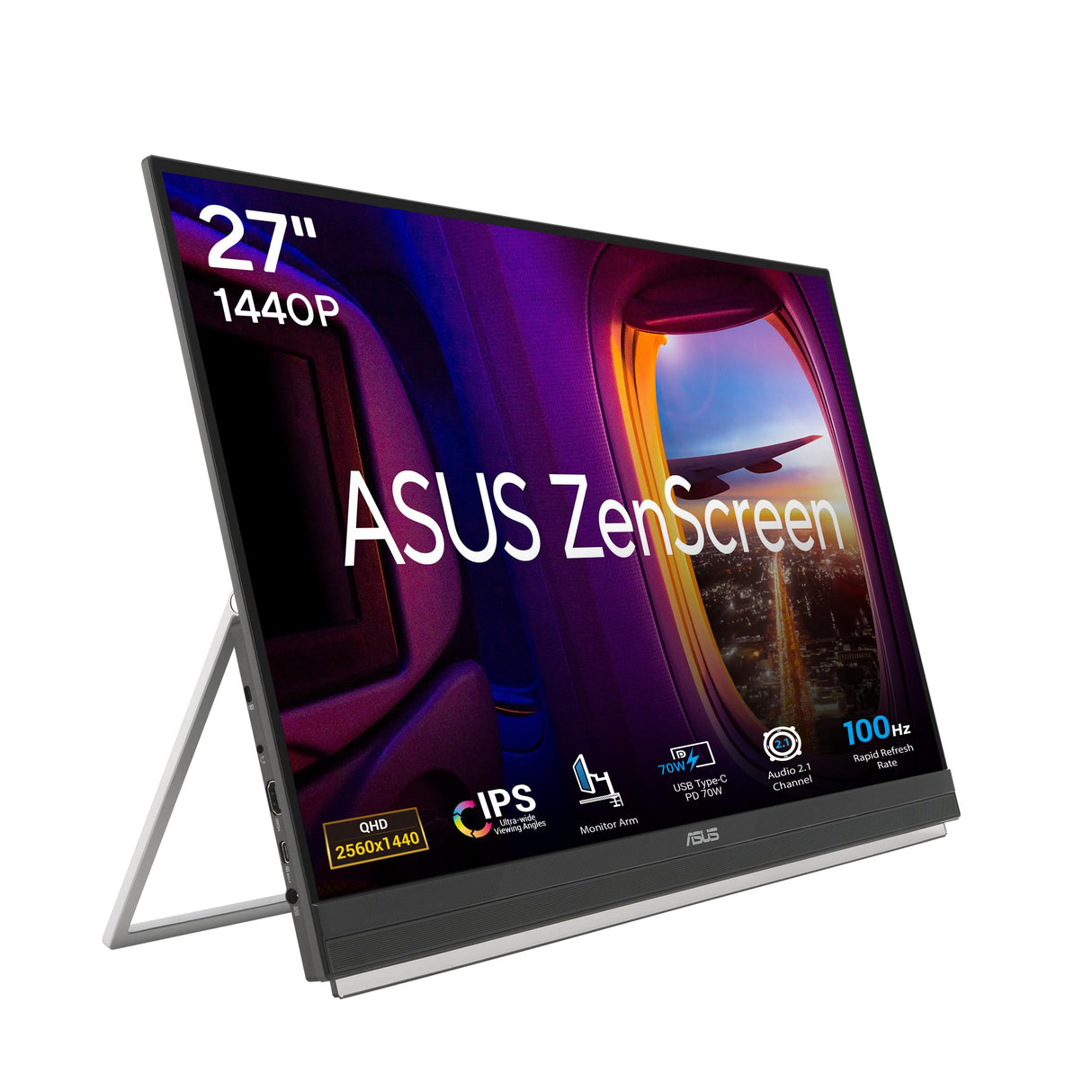 ASUS ZenScreen MB27ACF Monitor portátil de 27 Pulgadas QHD, 2560 x 1440, IPS, 100Hz, USB-C PD 70 W, Altavoces, asa de Soporte, Pinza en C, Gancho de partición, subwoofer, Audio de 2.1 Canales