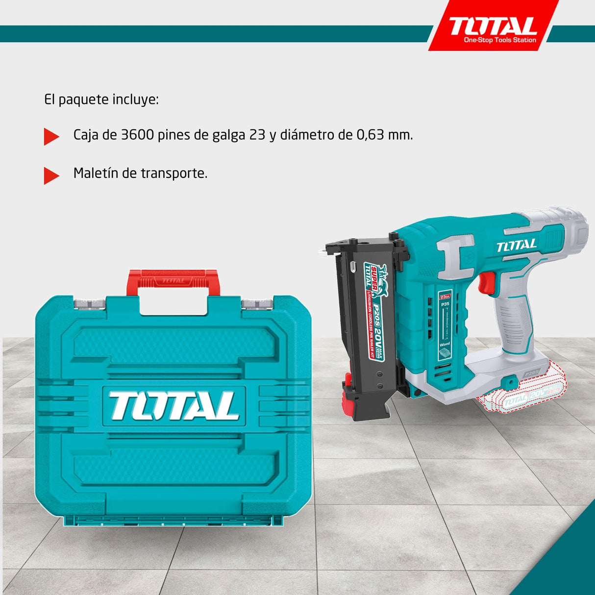 TOTAL - Clavadora de Pins a Batería 20V | 3 Pines | Compatible 10-35 mm | Cargador 140 Pines | Modelo TCBNLI3603 | Herramienta Eléctrica con Maletín y 3600 Pines Incluidos