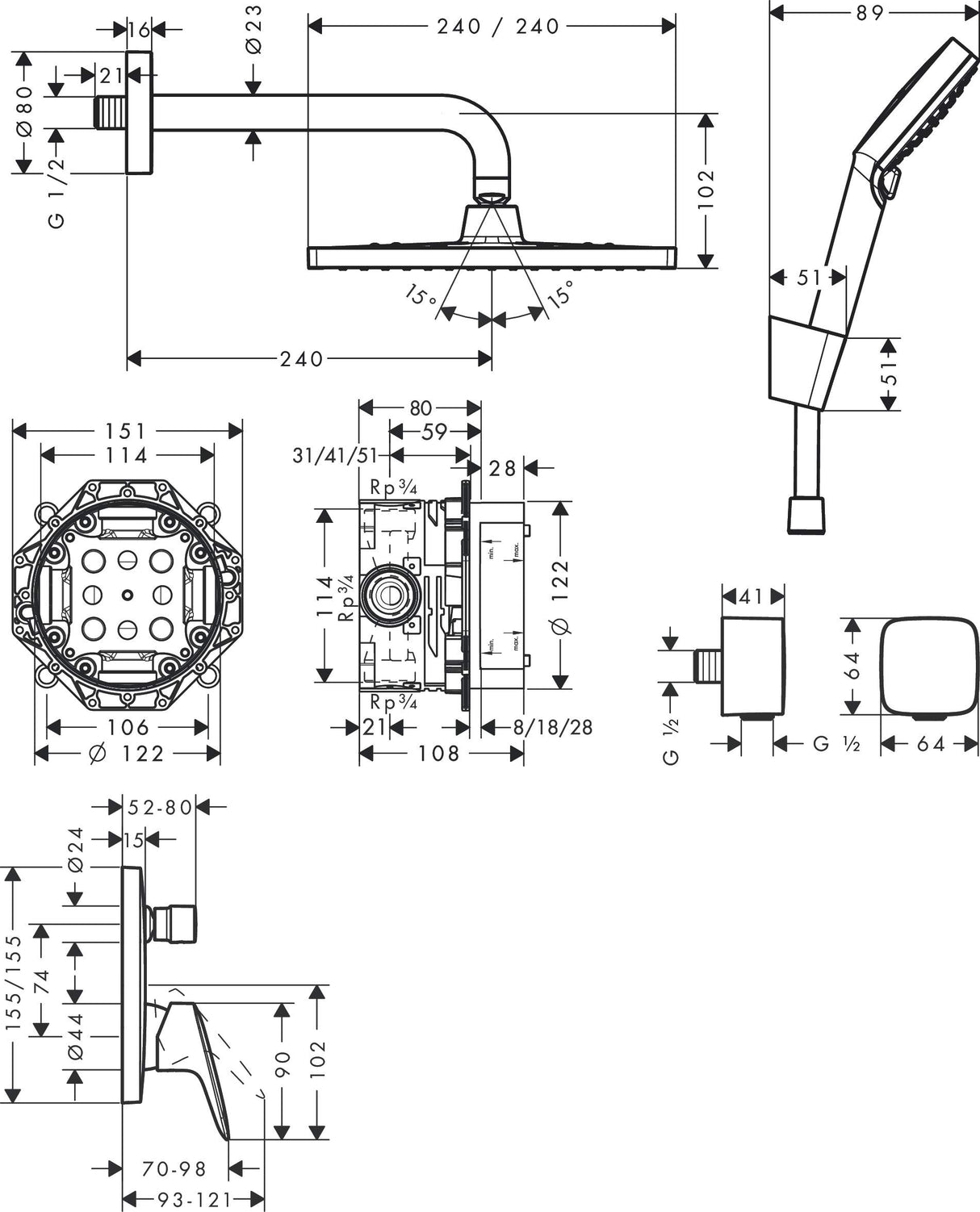 hansgrohe Crometta E - set de ducha empotrado, cabezal de ducha rectangular (240mm) con mezlador monomando de bañera, set básico, ducha de mano, toma de agua, soporte et flexo de ducha, cromo