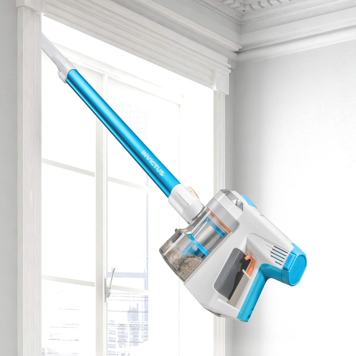 Genius Invictus X7 - Aspirador inalámbrico 2 en 1 (13 Piezas) con Potencia de succión de 380 W y Luces LED integradas, batería de Iones de Litio (30 min), Color Blanco y Azul