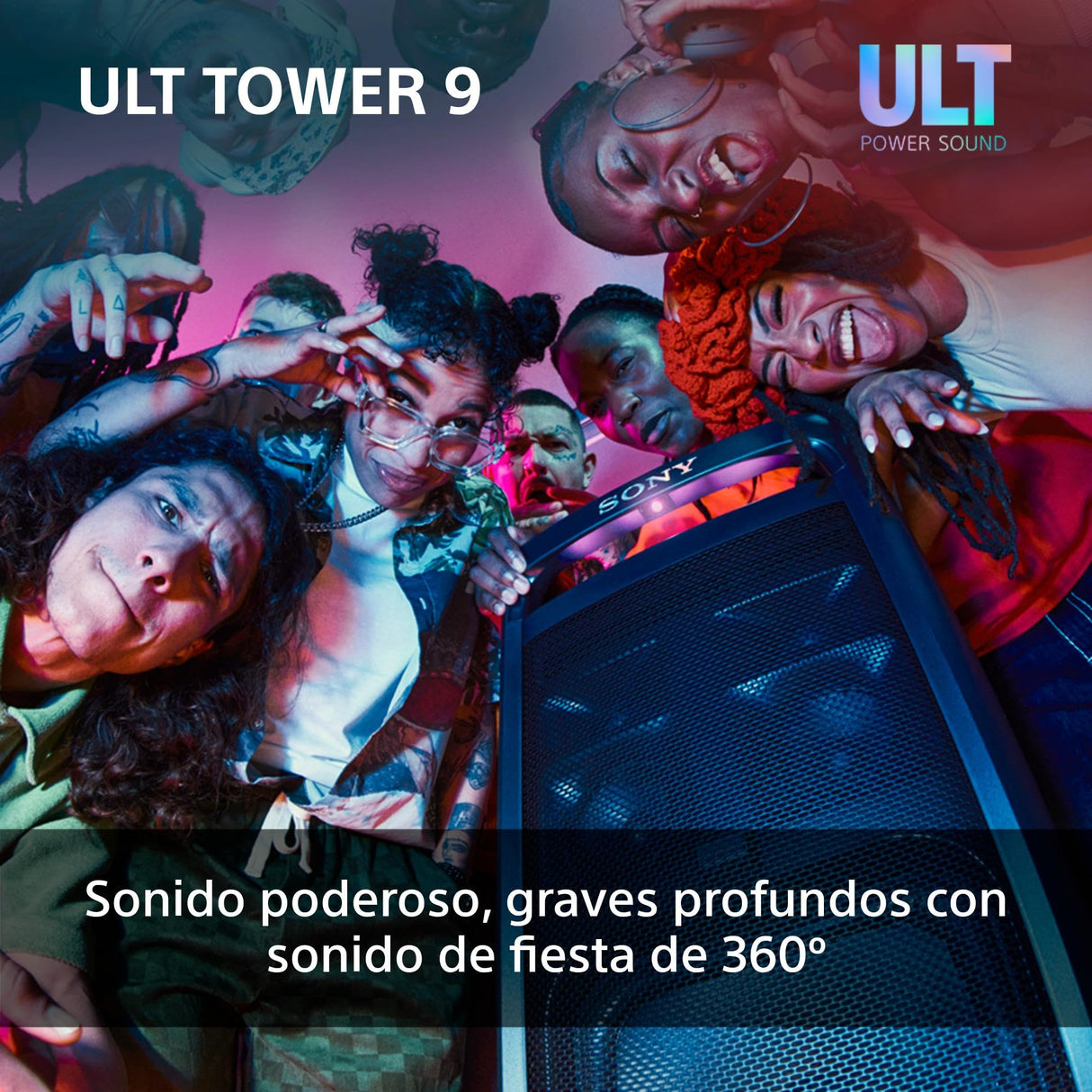 Sony ULT Tower 9, Ultimate Bluetooth Party Speaker, 25 H de batería y alimentación de Red, 2 Modos ULT Power Sound, X-Balanced Speaker, 360 Luces y Sonido, entradas de Karaoke, Negro
