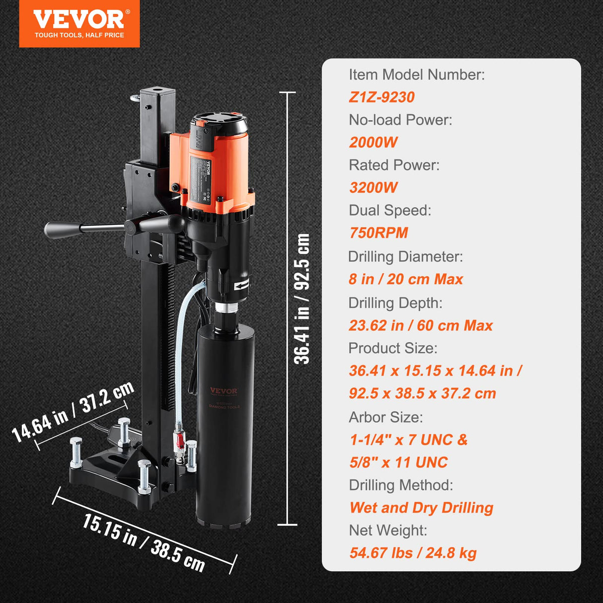 VEVOR Taladro de Diamante Diámetro Máximo de 20 cm Máquina Perforadora de Diamante Profundidad de 60 cm Perforación en Seco y Húmedo 750 rpm Taladro Diamantado para Construcción de Hormigón Armado