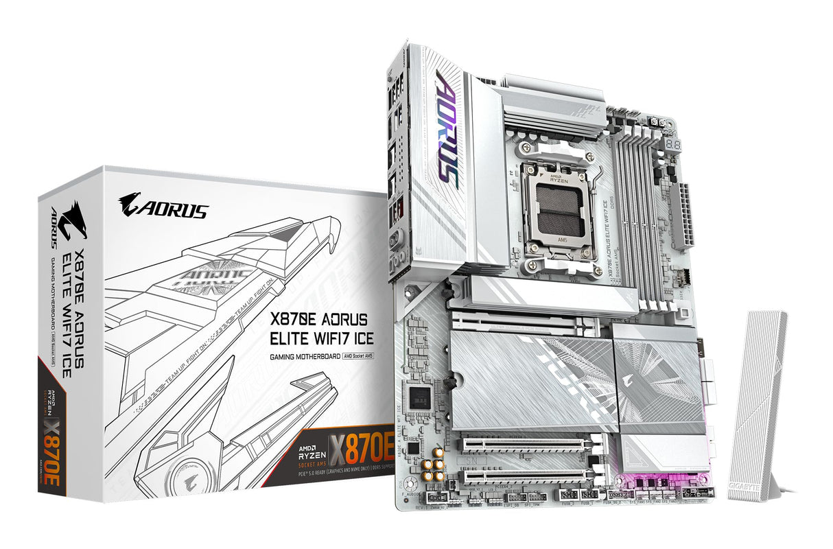 GIGABYTE X870E AORUS Elite WIFI7 Ice Placa Base - Soporta procesadores AMD Ryzen 9000, VRM Digital de 16+2+2 Fases, hasta 8200 MHz DDR5 (O.C.), 3X PCIe 5.0 + 1x PCIe 4.0, Wi-Fi 7, LAN 2.5 GbE, USB 4