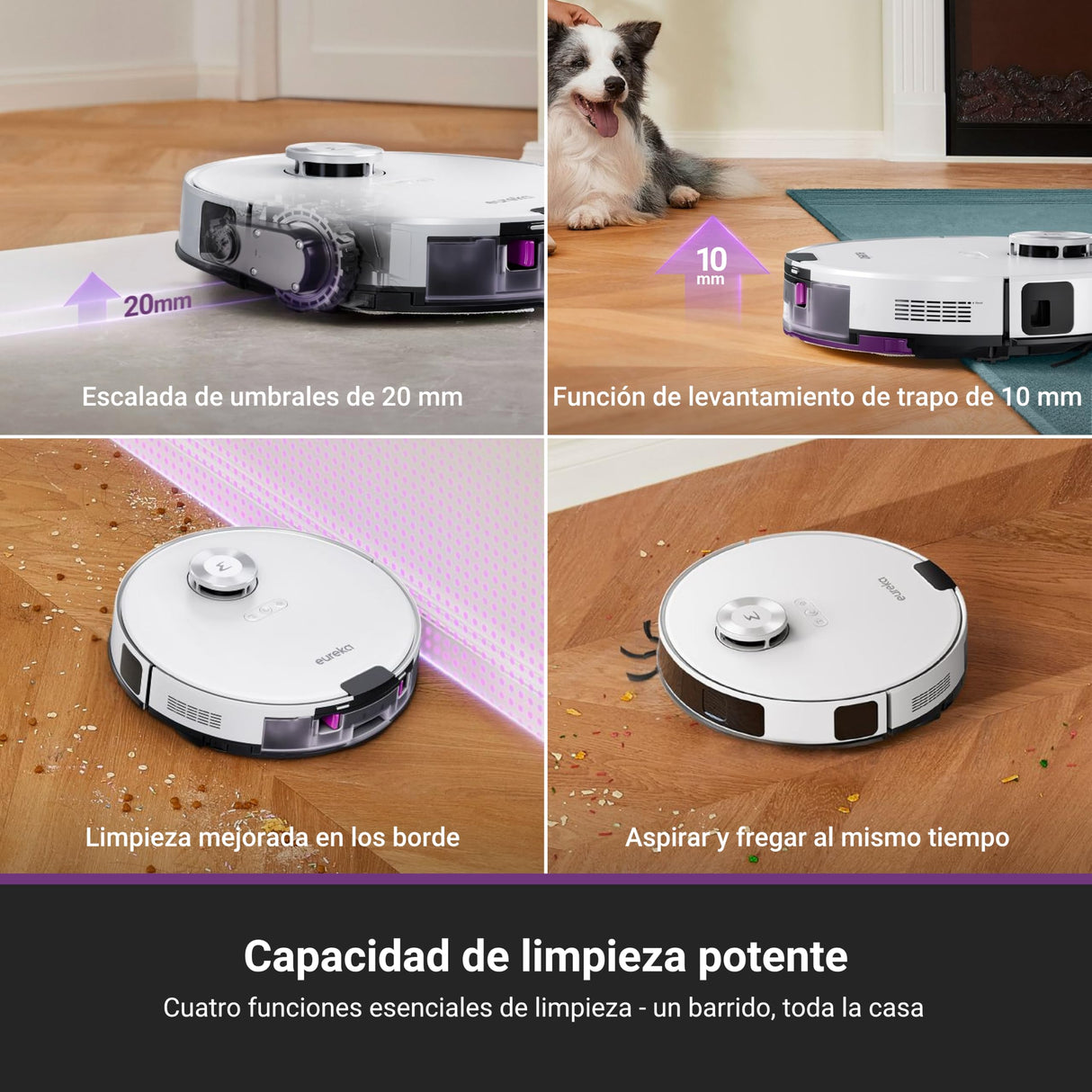 Eureka E20 EVO Plus Robot Aspirador y Fregasuelos 10000 Pa con Base Autovaciado, Navegación Láser, Duración de Batería 180 Min, Aspiradora Inteligente Antienredo para Suelos Duros, Alfombras, Pelo