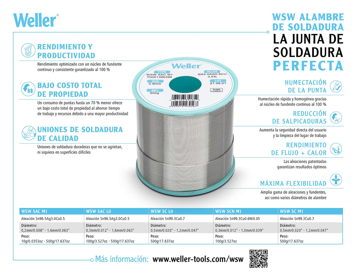 Weller WSW SAC L0 (T0051387299) Alambre De Soldadura Sin Plomo, Ø 0,3 Mm, Aleación Sn96.5Ag3.0Cu0.5, Contenido De Fundente 3.5%, 500g