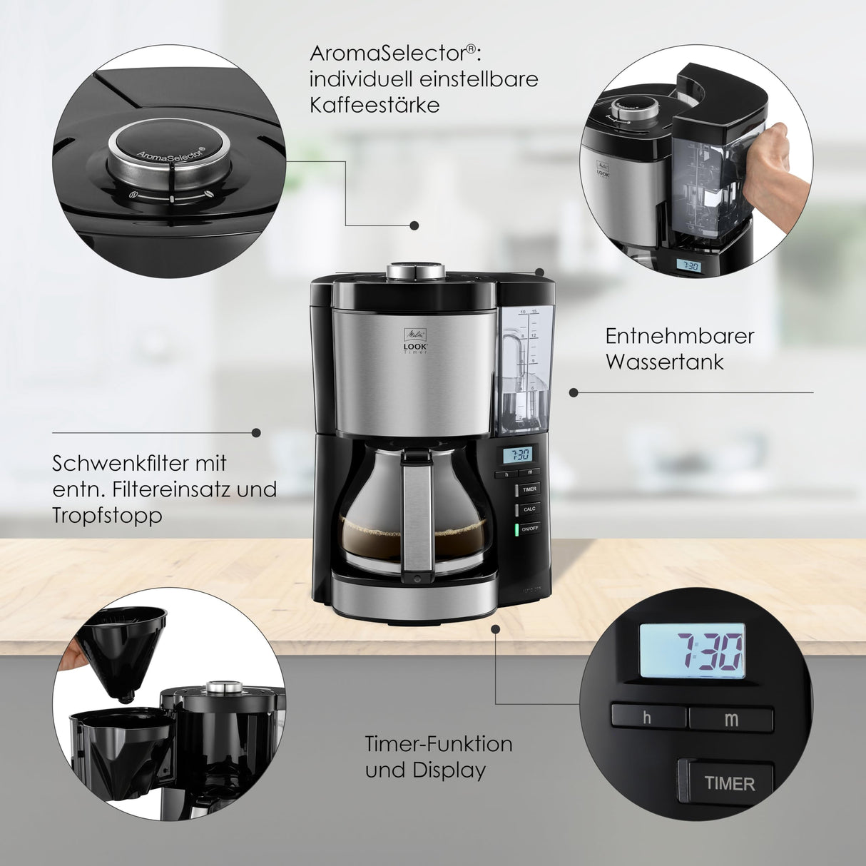 Melitta Cafetera de filtro, modelo Look V Timer, número de modelo 1025-08, acero inoxidable, negro