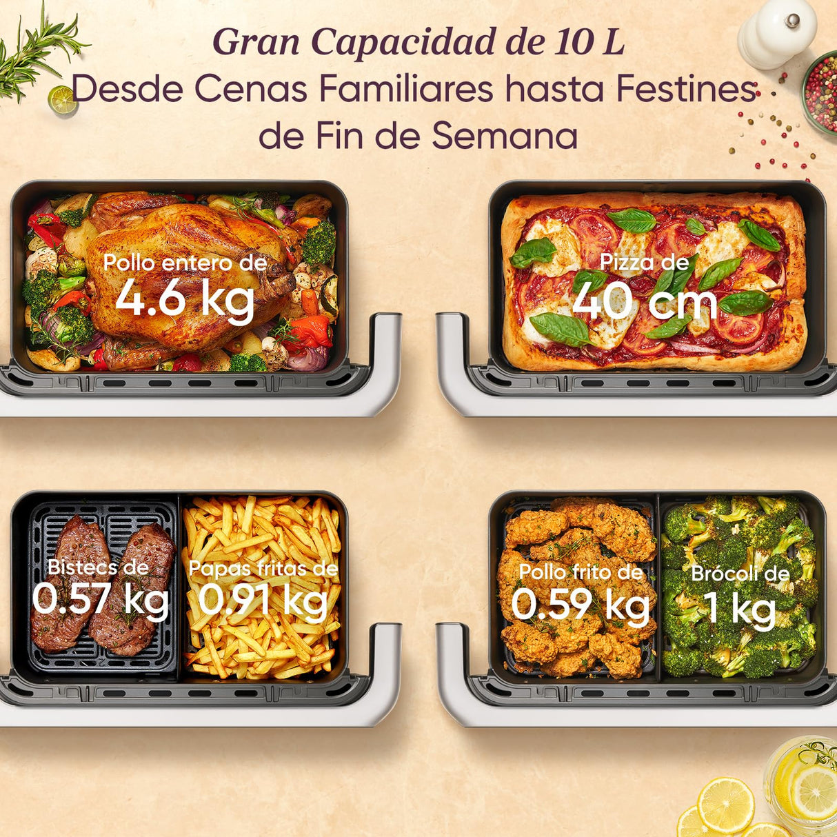 Cosori Freidora de Aire Grande-True Acero Inox-4 Resistencias Dual Blaze TwinFry 10โฏL-Flexible Doble Cesta Air Fryer 2800โฏW- Smart WIFI Controlโ 66โฏ% Eficiencia Energรฉtica-6 en 1-Mรกx 10 Personas