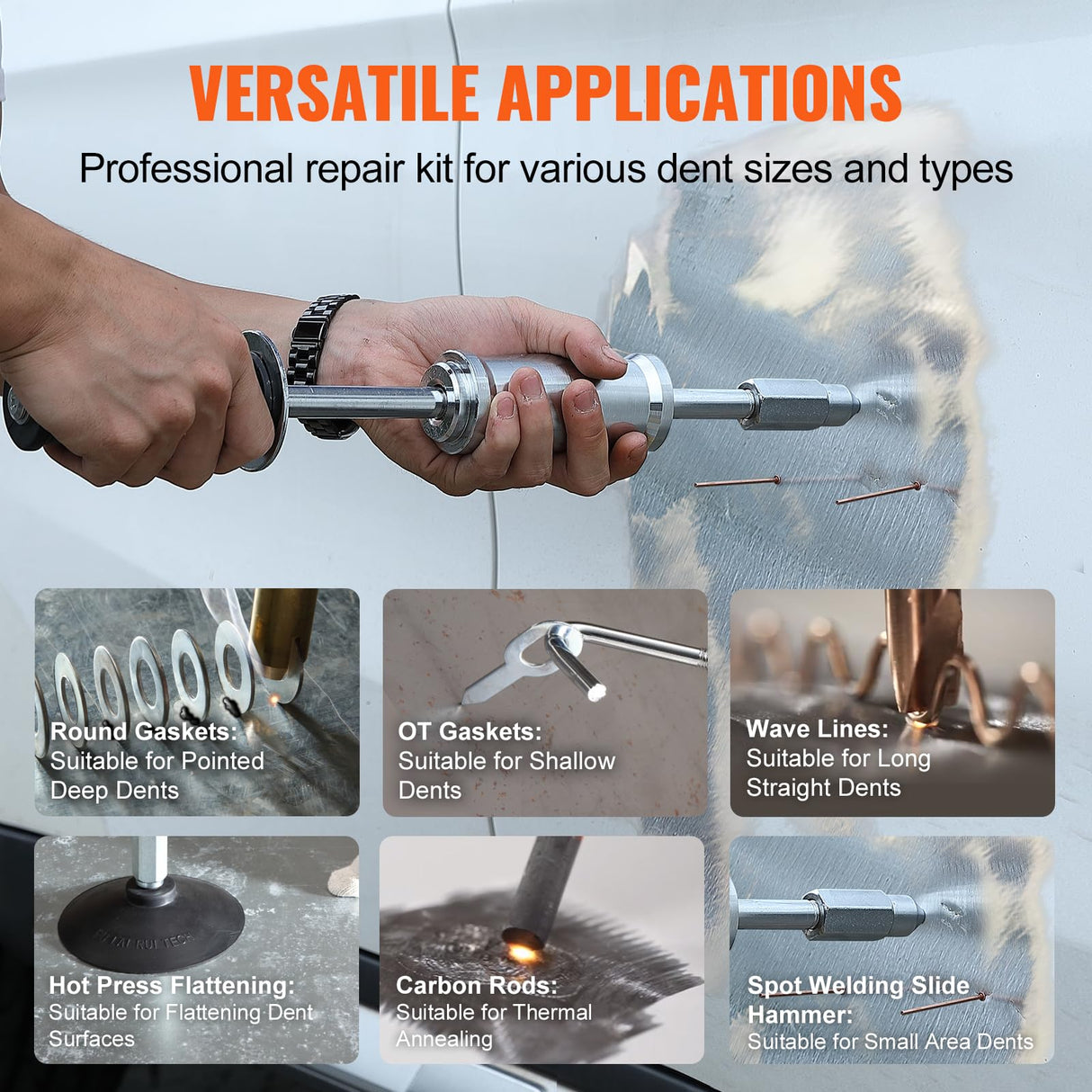 VEVOR Extractor de Clavos para Carrocería 3kW Soldador por Puntos 6 Modos de Soldadura Herramienta de Reparación de Abolladuras de Carrocería 16 Accesorios para Eliminación de Abolladuras de Vehículos