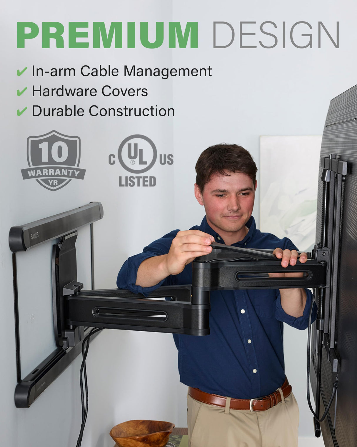 SANUS Soporte de Pared Ajustable de Movimiento Completo para televisores de 42 a 90 Pulgadas - Eleva o Baja el televisor de 4 Pulgadas después de la instalación - Maximiza la compatibilidad con tu