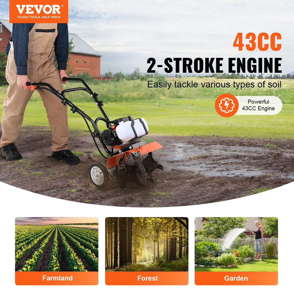 VEVOR Motocultor Térmico con Motor de Gasolina de 43 CC de 2 Tiempos con 4 Púas Delanteras Ajustables de Acero Ruedas Grandes Fácil Instalación Cultivador de Tierra para Huerta, Jardinera, Campos