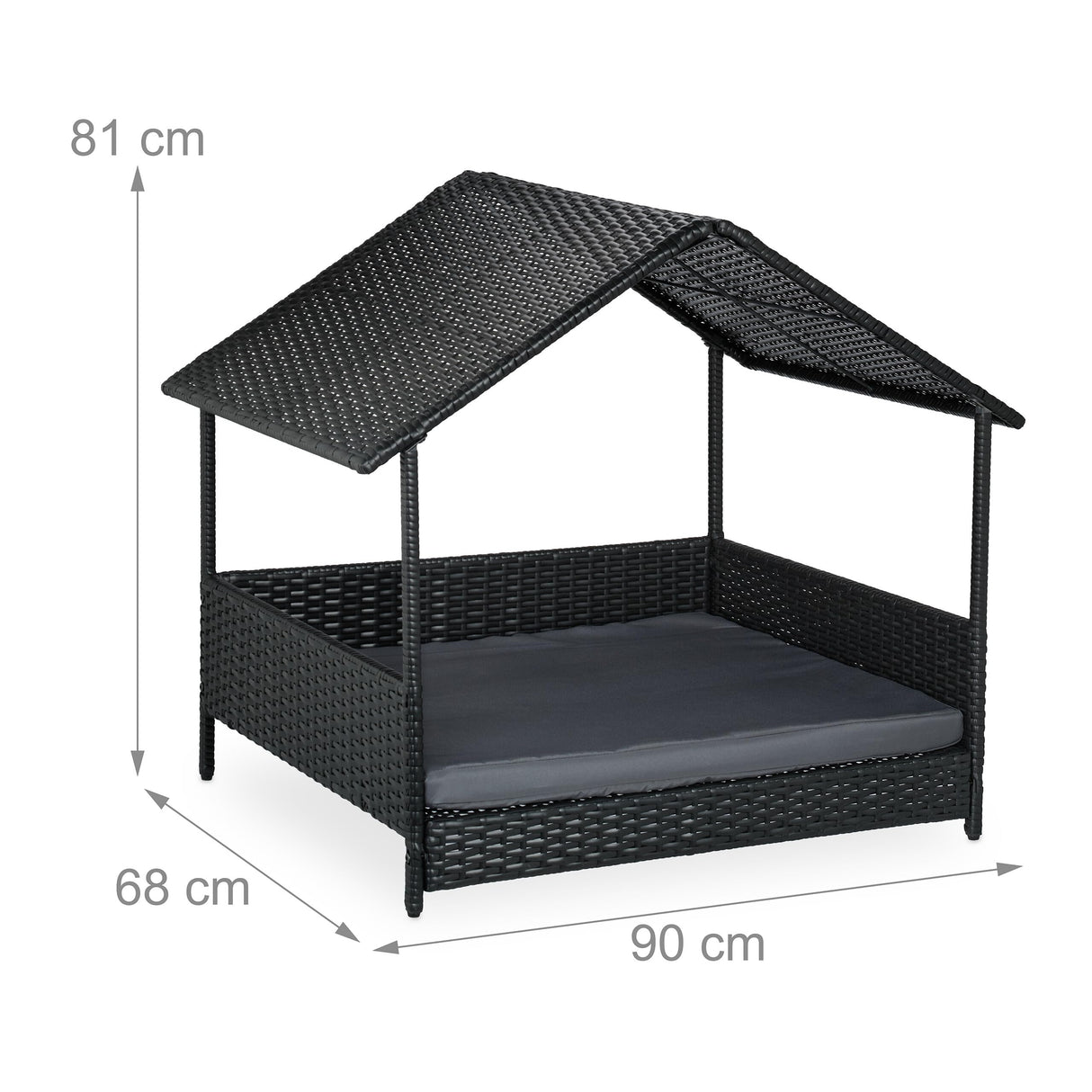 Relaxdays Cama Elevada para Perros con Techo, 81x90x68 cm, Poliratán, Tumbona para Mascotas con Cojín, Exterior, Gris