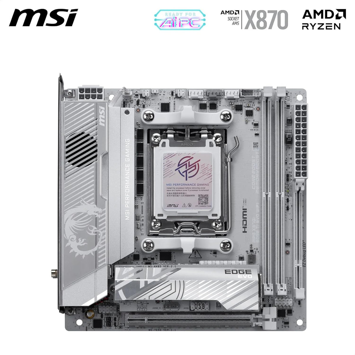 MSI MPG X870I Edge TI EVO WiFi Placa Base, ATX – Soporta procesadores AMD Ryzen 9000/8000/7000, AM5-110A SPS VRM, DDR5 Memory Boost (hasta 10000+MT/s OC), PCIe 5.0 x16, M.2 Gen5, Wi-Fi 7, 5G LAN
