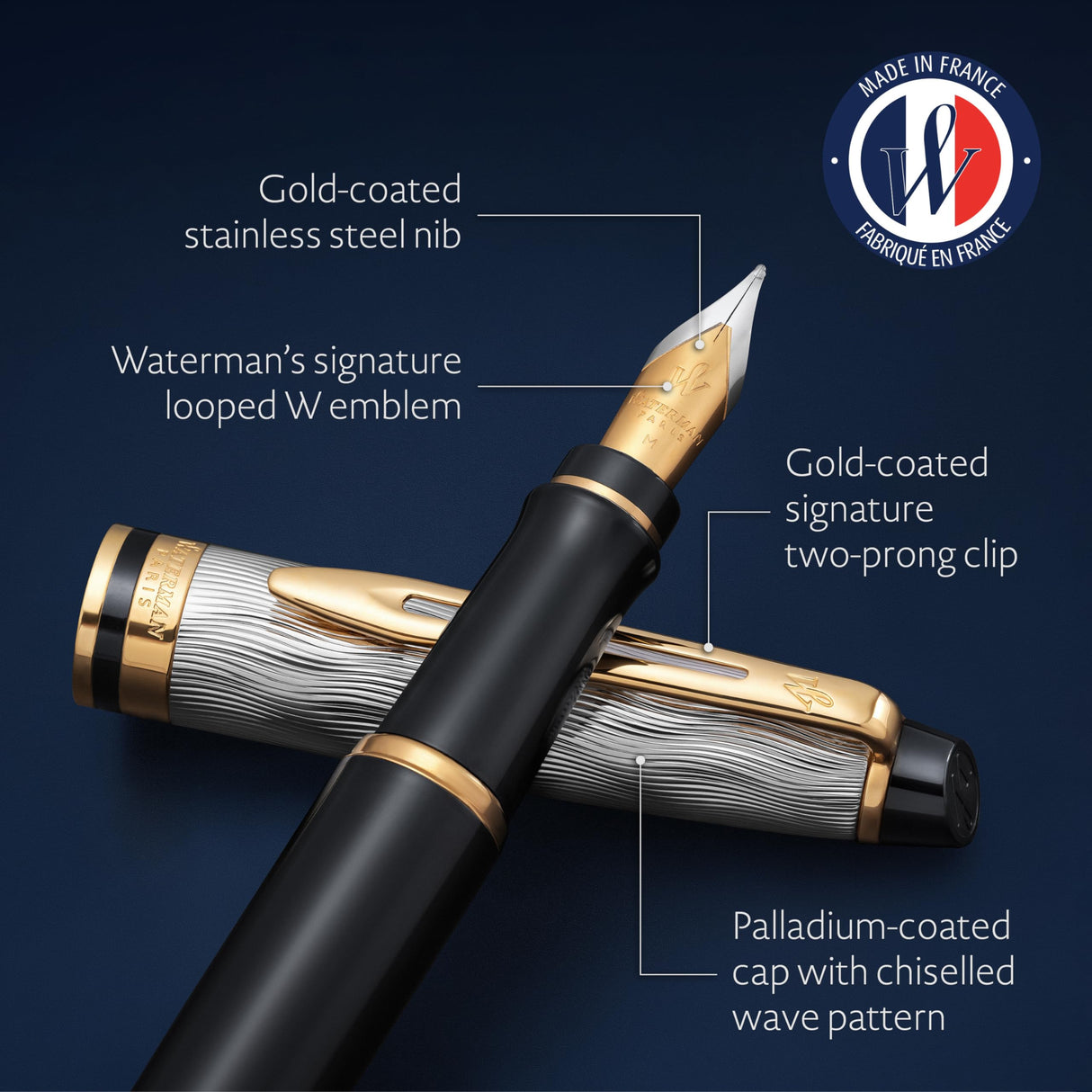 Pluma estilográfica Waterman Expert, en metal y lacado negro con adorno dorado, capuchón cincelado, plumín mediano de acero inoxidable