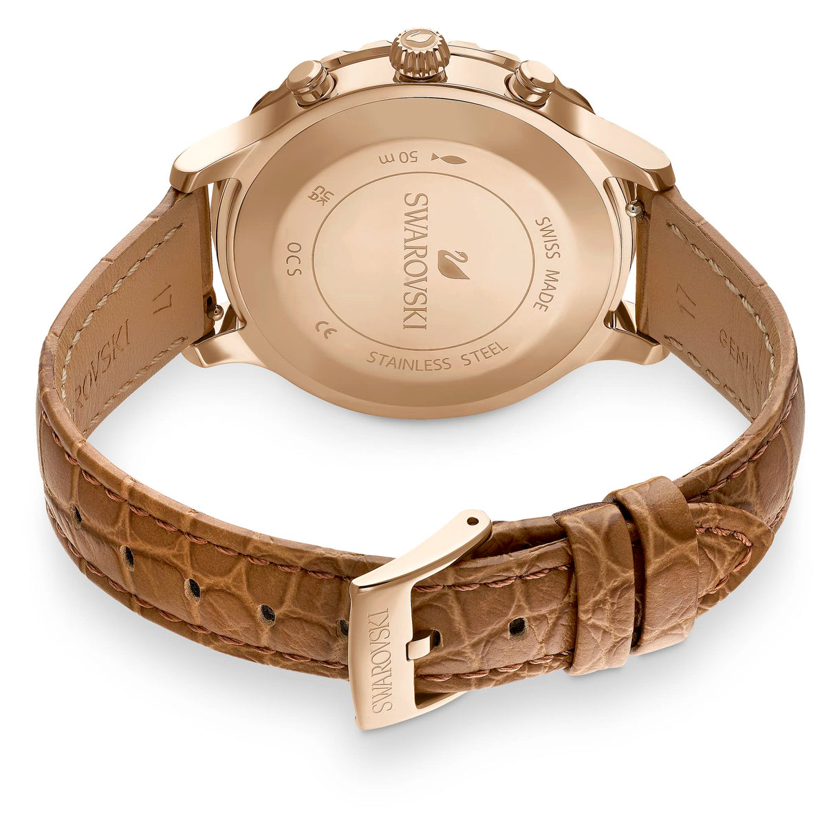 Swarovski Reloj Octea Lux Chrono, Correa de Cuero Marrón, Esfera Soleada en Tono Dorado y Detalles de Cristal, de la Colección Octea