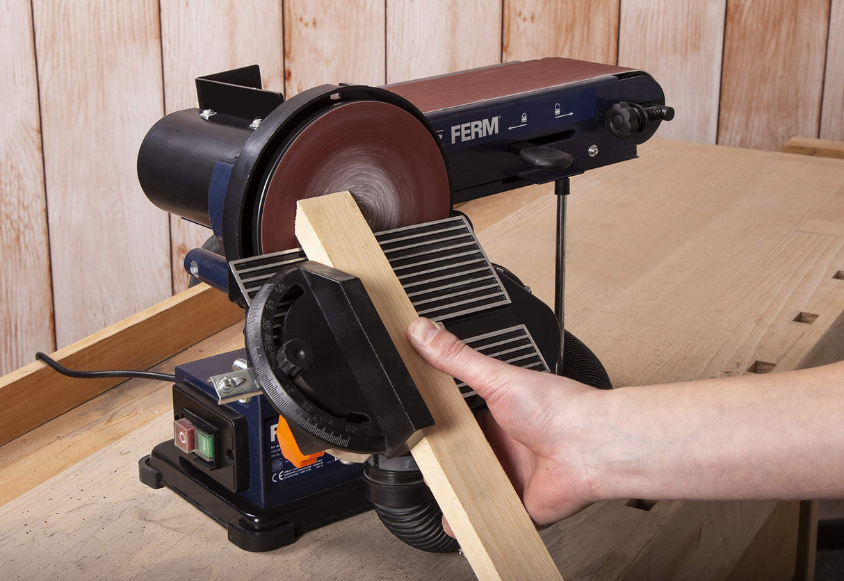 FERM Lijadora de banda - 350W - 150mm - Incluye 2 bandas de lijado (P80 y P120) y 2 discos de lijado (P80 y P120)