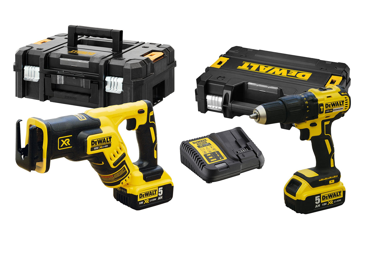 DeWalt DCK2068P2T - Pack de 18 V y 5,0 Ah (compuesto de: taladro de impacto DCD778 y sierra sable DCS367, incluye 2 baterías, cargador rápido del sistema), 18 V