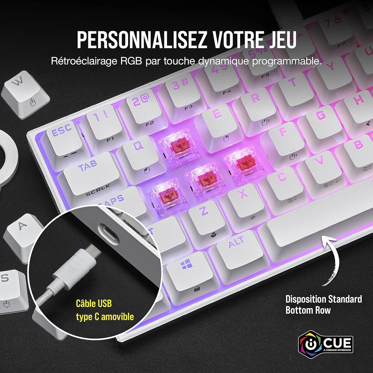 Corsair K65 RGB Mini 60% Teclado de Juego con Cable mecánico – Switches lineales Cherry MX Red – Teclas PBT de Doble Salida, Compatible con iCUE – AZERTY FR – PC, Mac, Xbox – Blanco