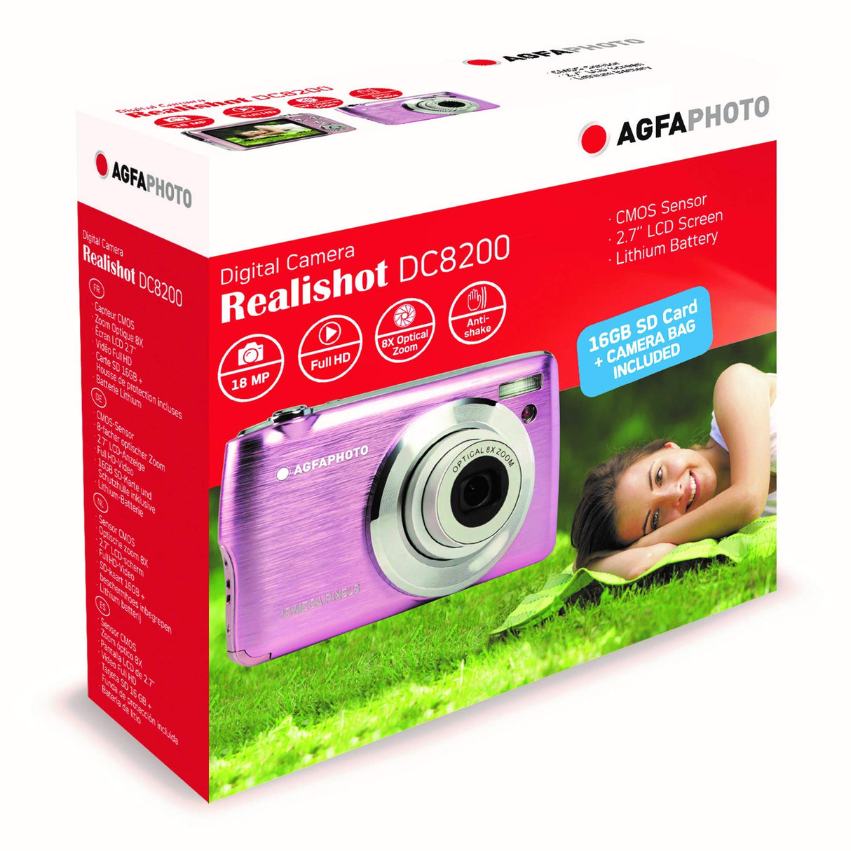 AGFA Photo Realishot DC8200 - Cámara Digital Compacta, 18MP, Video Full HD, Pantalla LCD 2.7'', Zoom Óptico 8X, Batería de Litio y Tarjeta SD de 16GB - Rosa