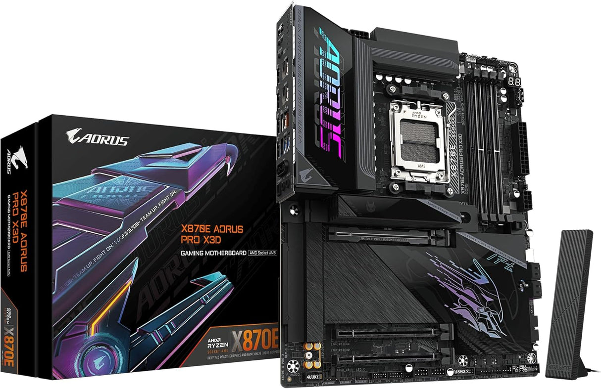 GIGABYTE X870E AORUS Pro X3D Motherboard - Supports AMD Ryzen 9000 Processors, 18+2+2 Phase Digital VRM, up to 9000MHz DDR5 (O.C.), 2xPCIe 5.0 + 2xPCIe 4.0, Wi-Fi 7, 5GbE LAN, USB 4
