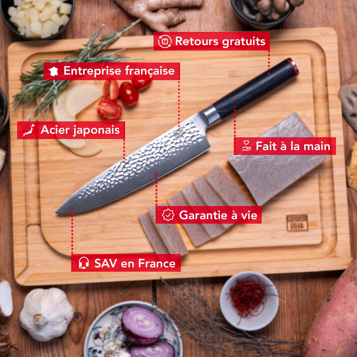 KOTAI | Cuchillo de chef Gyuto | Cuchillo de chef profesional | Hoja de 20 cm | Cuchillos forjados a mano | Acero inoxidable japonés 440C | Mango de madera de Pakka | Tang oculto completo