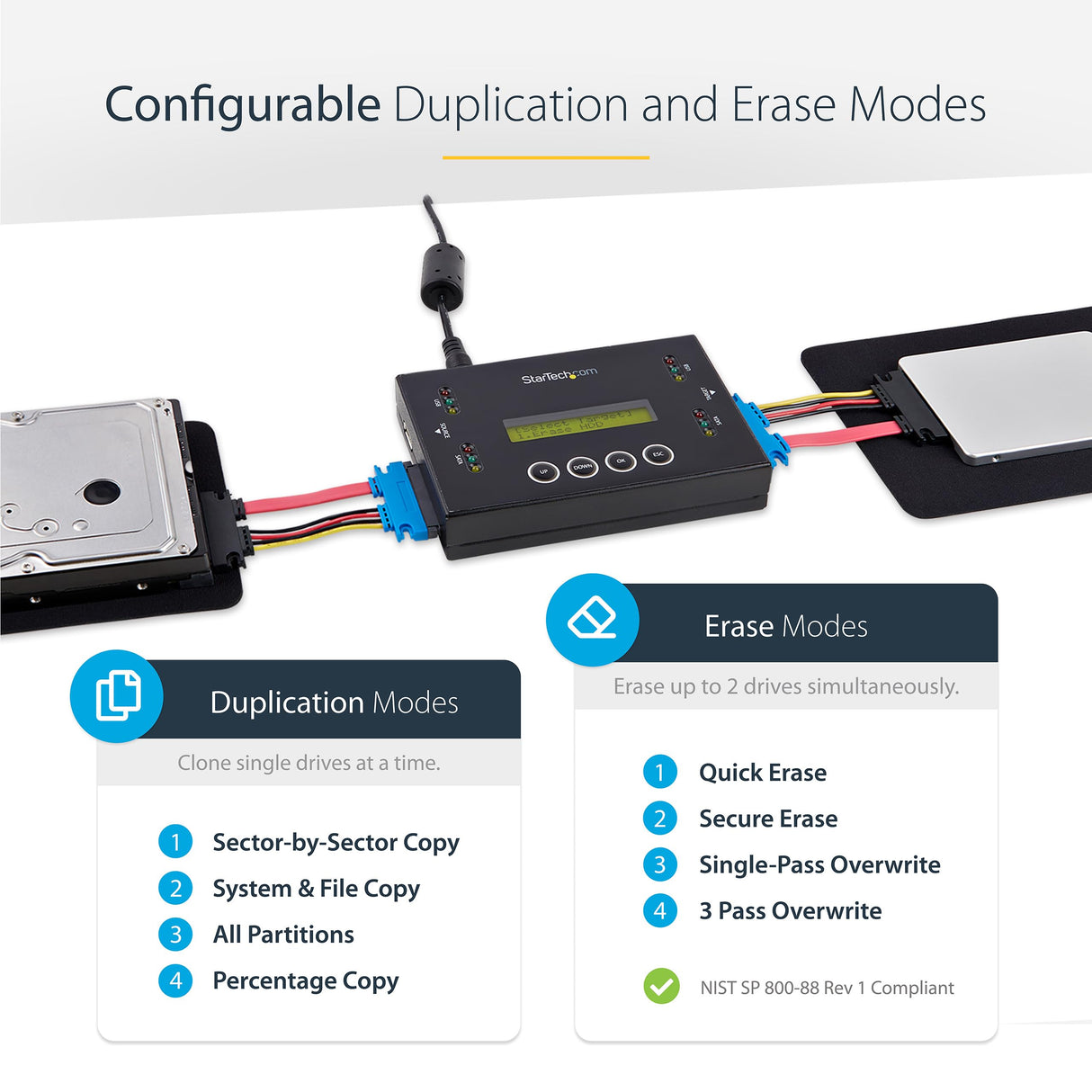StarTech.com Clonador y Borrador Independiente 1:1 para Memorias USB y Unidades de Disco Duro y SSD SATA, con Pantalla LCD - TAA, Independiente del Sistema Operativo, SU2DUPERA11