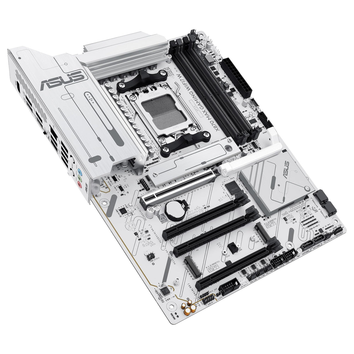 ASUS X870 MAX Gaming WIFI7 - Placa Base AMD X870 ATX, Blanco, 12+2+1 DrMOS, DDR5, PCIe 5.0, Q-Release, M.2, WiFi 7, WiFi Q Antenna, 2.5Gb Ethernet, HDMI, USB4, USB Tipo-C, BIOS Flashback, Aura Sync