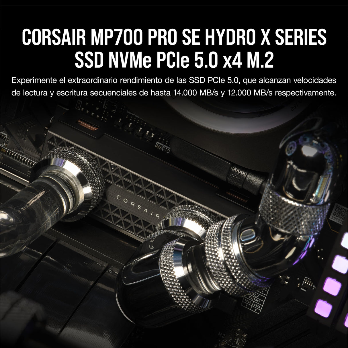 Corsair MP700 Pro SE Hydro X Series 4 TB M.2 PCIe Gen5 x4 NVMe 2.0 SSD – M.2 2280 – hasta 14.000 MB/s Velocidad de Lectura Secuencial – Bloque de Refrigeración Líquida Preinstalado – Negro