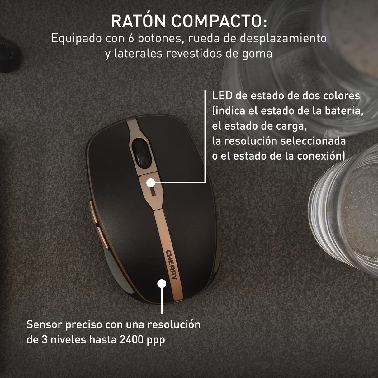CHERRY DW 9100 SLIM, Pack de Teclado y Ratón Inalámbricos, Distribución de Teclado Inglés UK (QWERTY), Bluetooth y Radiofrecuencia de 2,4 GHz, Teclas Silenciosas, Recargable, Negro/Bronce