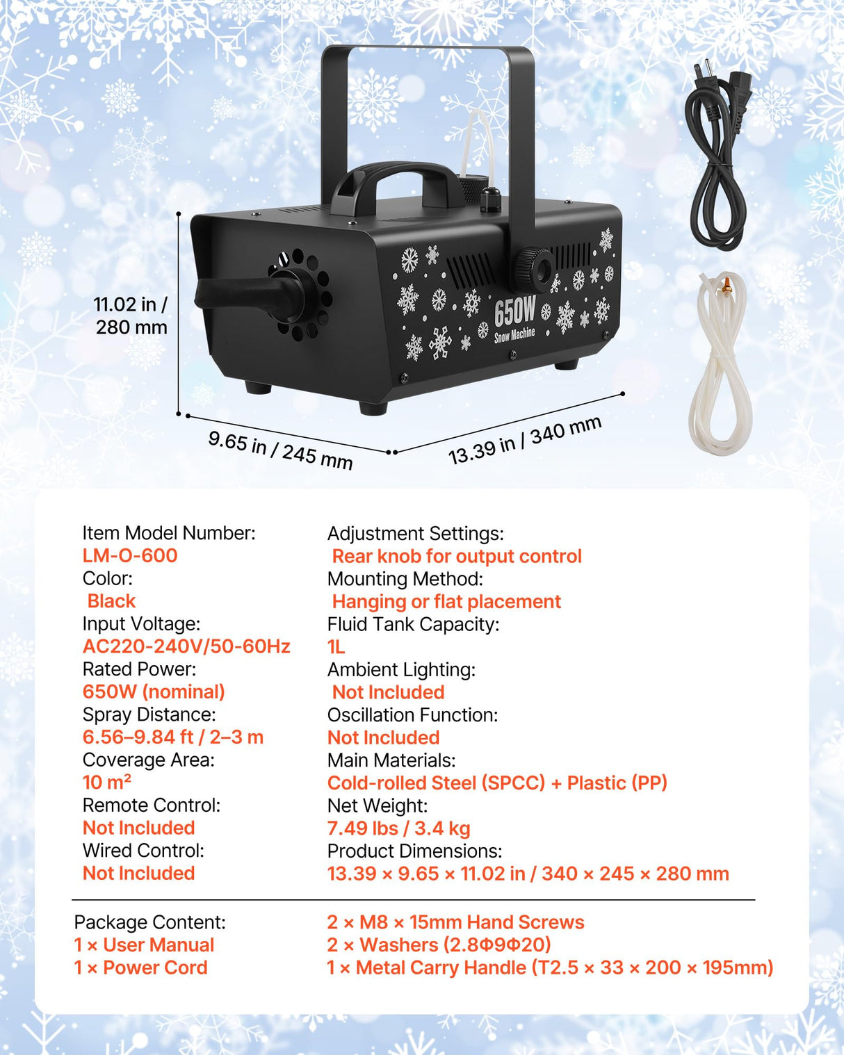 VEVOR Máquina de Nieve, Máquina Portátil de Copos de Nieve Colgante de 650 W con Asa Portátil para DJ, Fiestas Navideñas, Efectos de Escenario, Decoración de Bodas, para Exteriores e Interiores