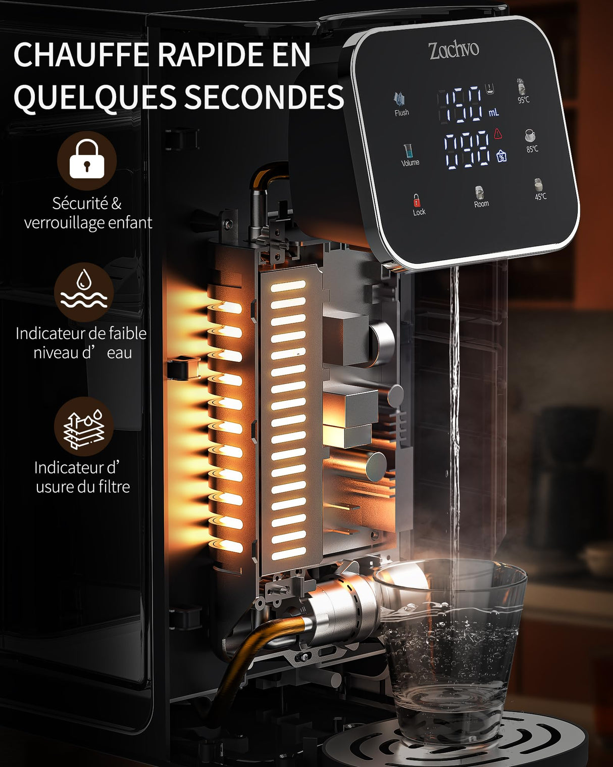 ZACHVO Dispensador de Agua Caliente UR05-2200W Agua Caliente en Segundos, 4 Niveles de Temperatura y 3 Cantidades de Agua, Depósito de 4L, Compacto, Filtro de Carbón Activo, para Cocina y Oficina
