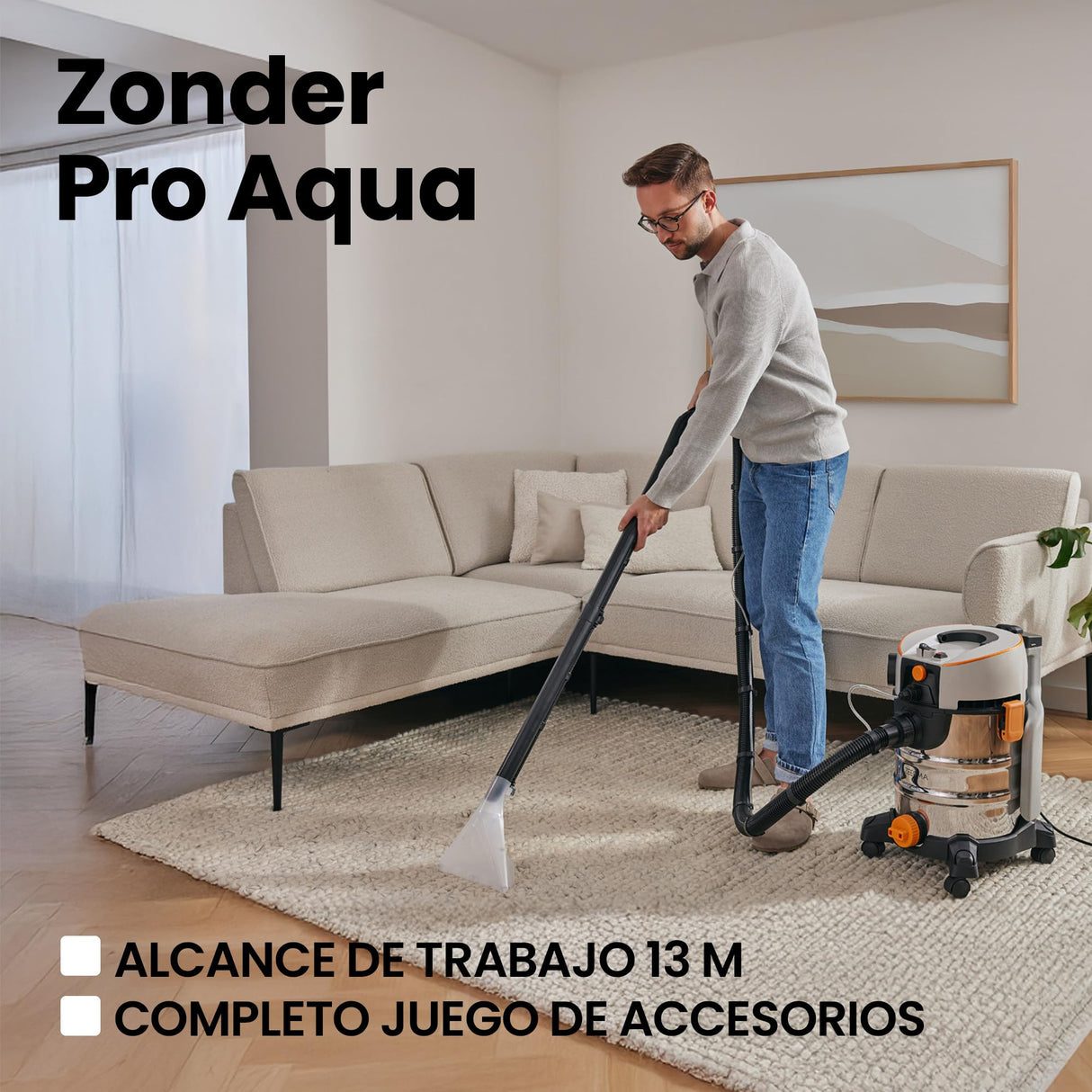 Zeegma ZONDER Pro Aqua Aspirador en seco y húmedo 1400 W, para Alfombras Coche Tapicería Escaleras, Depósito de Agua Limpia de 4 L, Juego de Filtros y Boquillas de Lavado