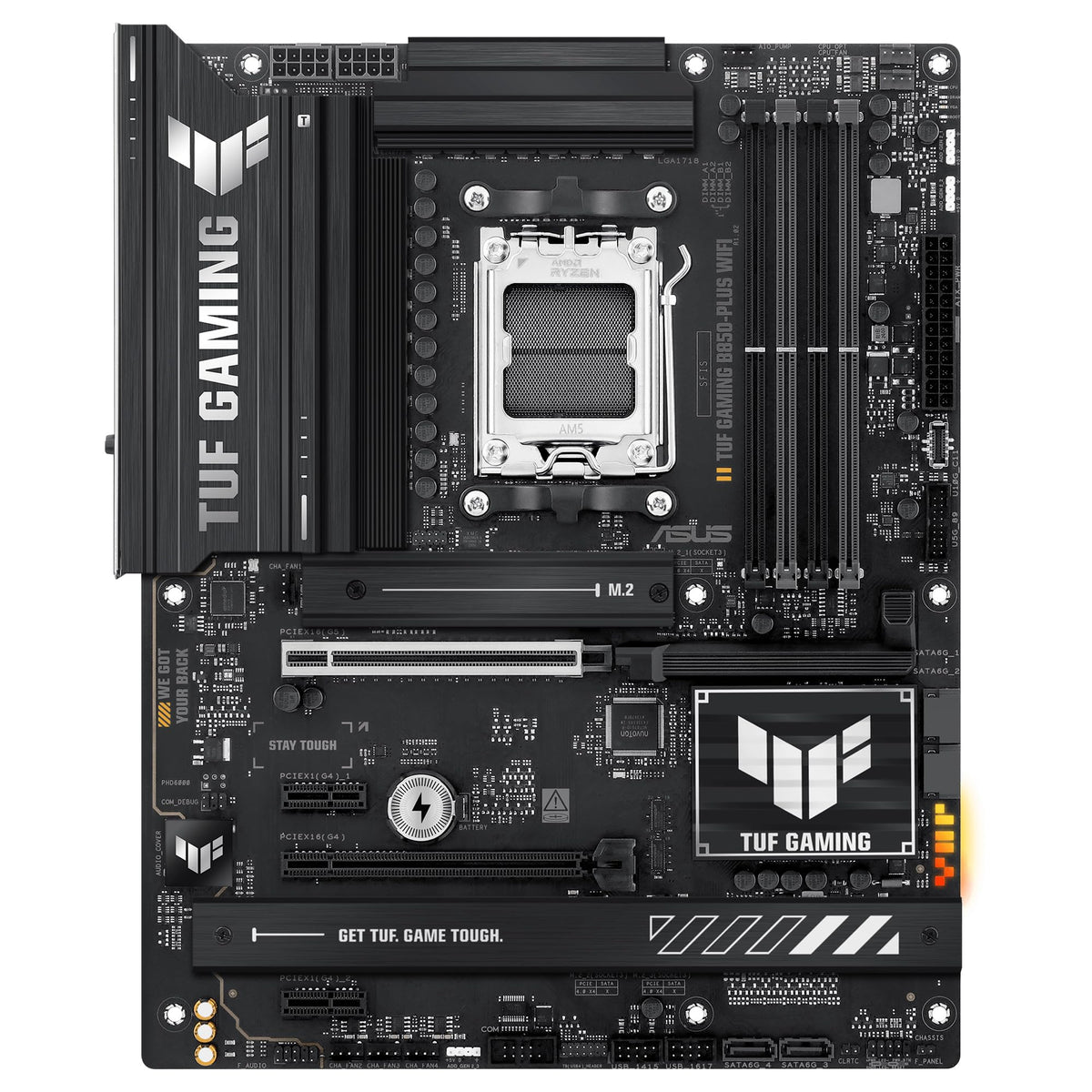 ASUS TUF GAMING B850-PLUS WIFI - Placa base AMD ATX, 14+2+1 etapas de potencia DrMOS 80A, DDR5, PCIe 5.0, 3 ranuras M.2, WiFi 7, Realtek 2.5Gb Ethernet, DisplayPort, HDMI, USB 20Gbps Tipo-C, Aura Sync