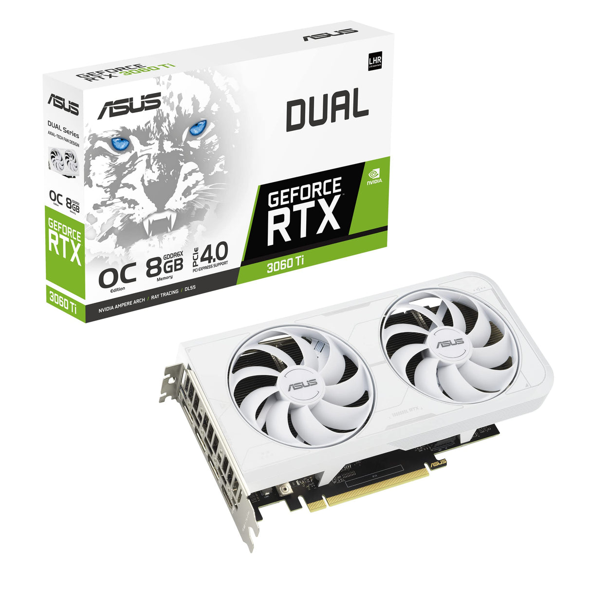 ASUS Dual NVIDIA GeForce RTX 3060 Ti White OC Edition - Tarjeta Gráfica (PCIe 4.0, 8GB GDDR6X, HDMI 2.1, DisplayPort 1.4a, diseño de 2 ranuras, Axial-tech, tecnología 0dB)