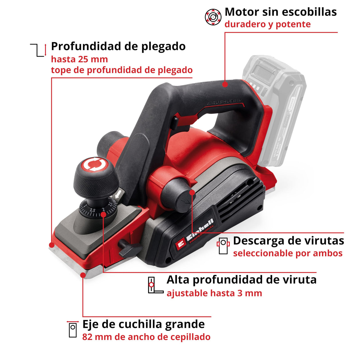 Einhell Professional Depilo manual con batería TP-PL 18/3 Li BL-Solo Power X-Change (18V, sin escobillas, ancho de cepillado de 82 mm, ancho de viruta hasta 3 mm, eje de cuchilla, zapata, sin batería)